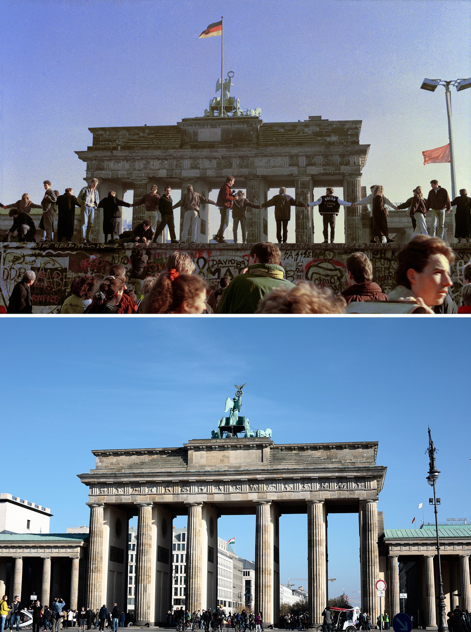 The Brandenburg Gate landmark in Berlin with people dancing on the Berlin Wall on 10 November 1989 and 25 years after in October 2014