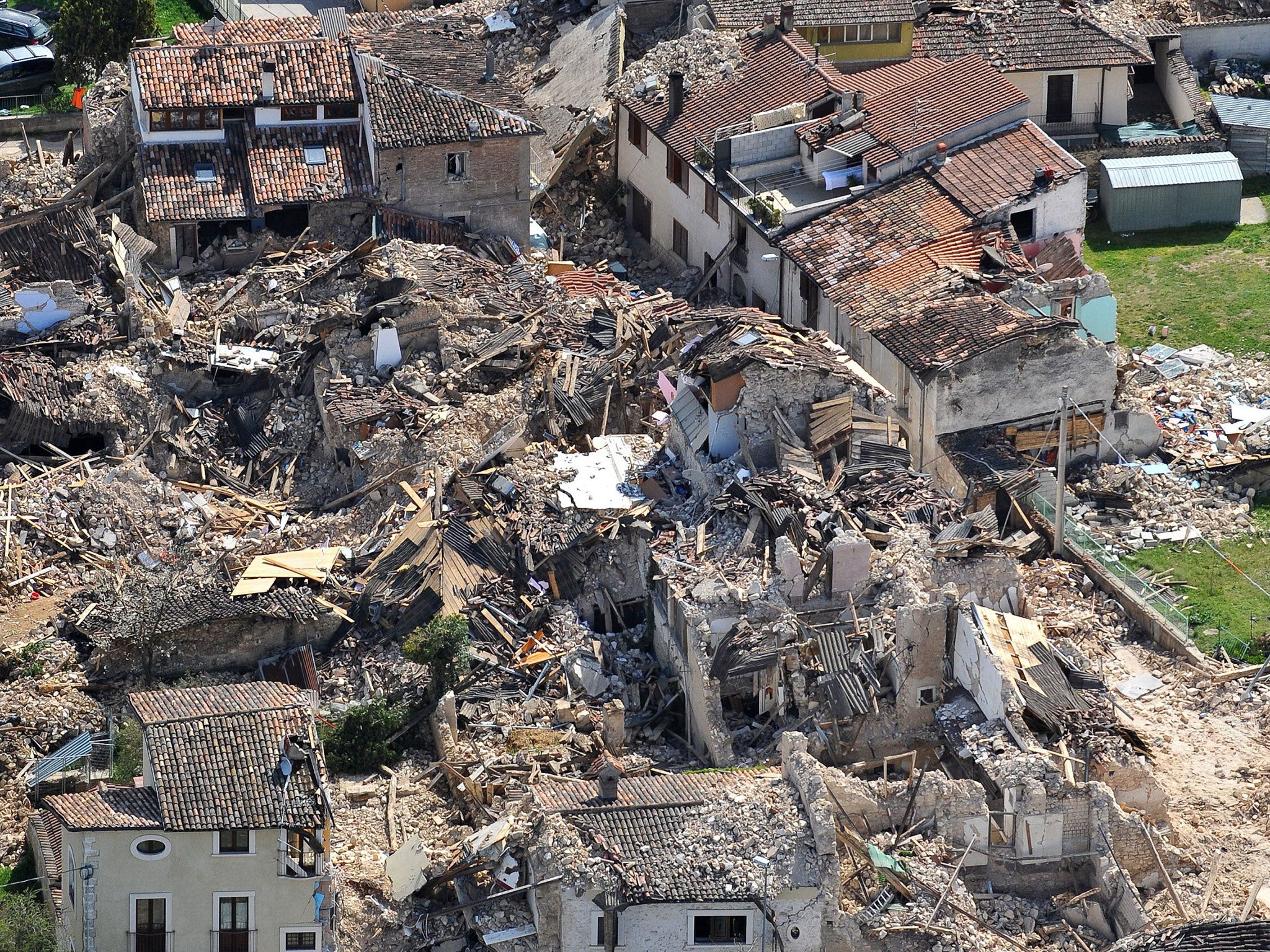 An aerial view shows the village of Onna, located ten kilometers from the Abruzzo capital L'Aquila, from April 8, 2009