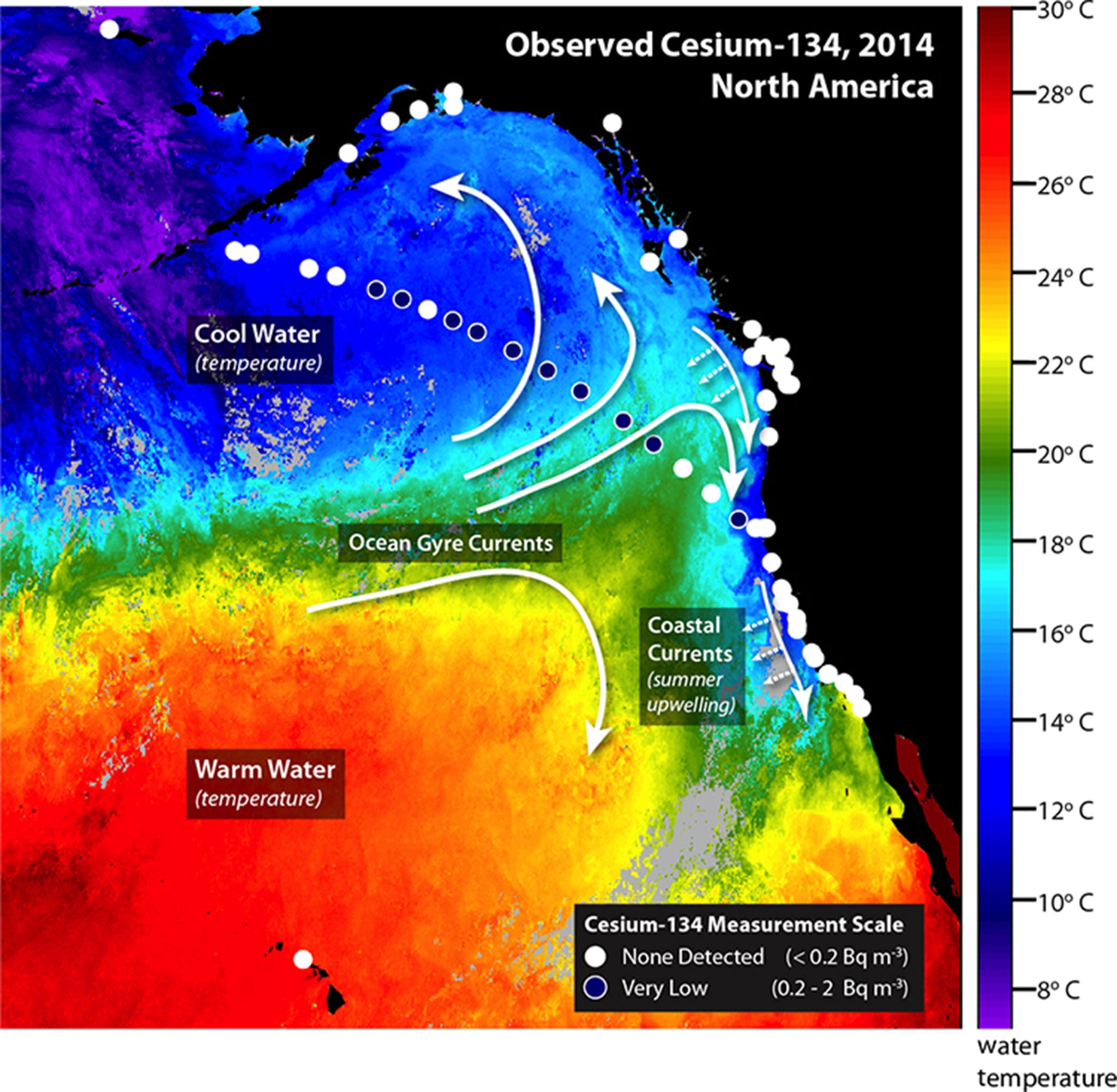 Satellite image indicating where water samples were collected that contained cesium-134 from Fukushima