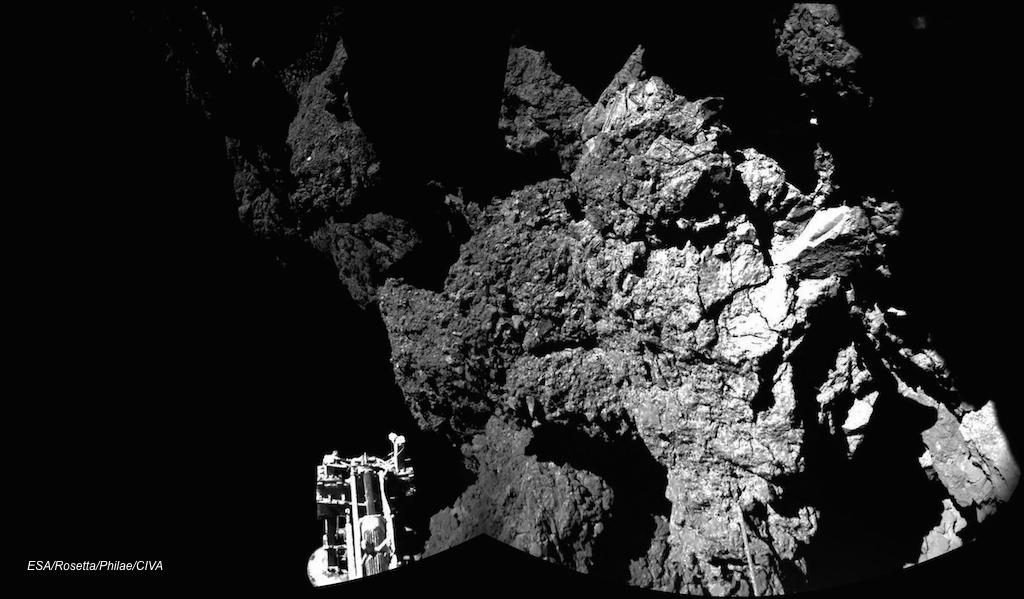 First CIVA image from the Philae lander shows the probe is safely on the surface of comet 67P.