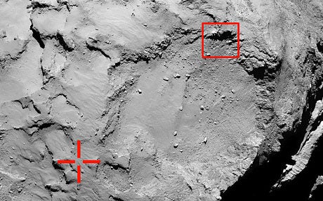 Scientists are still not sure of the lander's exact location. It initally touched down in the correct spot (bottom left) but then pinged over to a shady clif (top right).