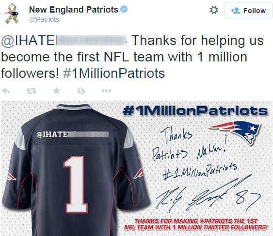 The New England Patriots sent out this tweet which mentions a user named @IHATEN****RSS before later deleting it