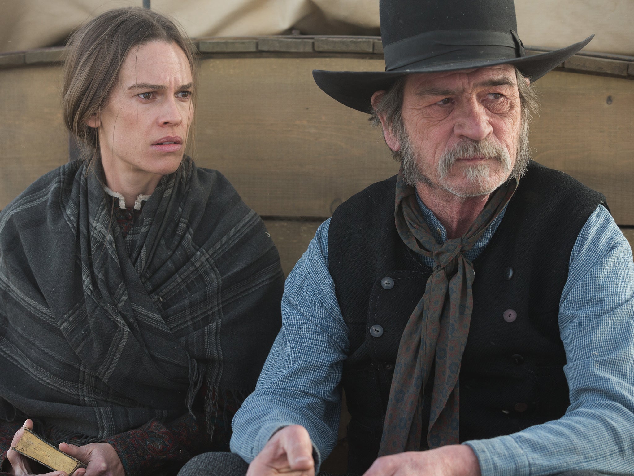 Swank in The Homesman with Tommy Lee Jones (Film still from the movie The Homesman. Downloaded from Panther)