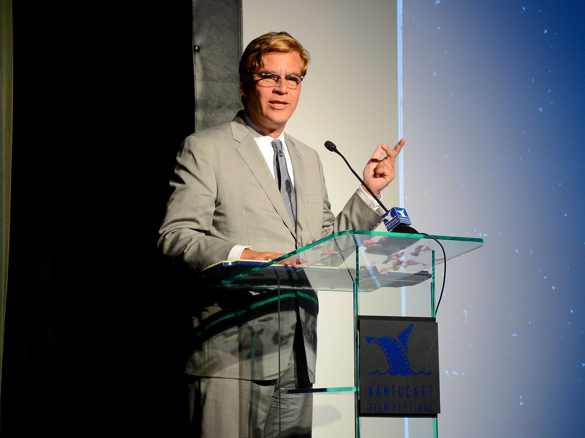 Screenwriter Aaron Sorkin accepts the award for Screenwriters Tribute at The Screenwriters Tribute Awards at The 19th Annual Nantucket Film Festival in Massachusetts