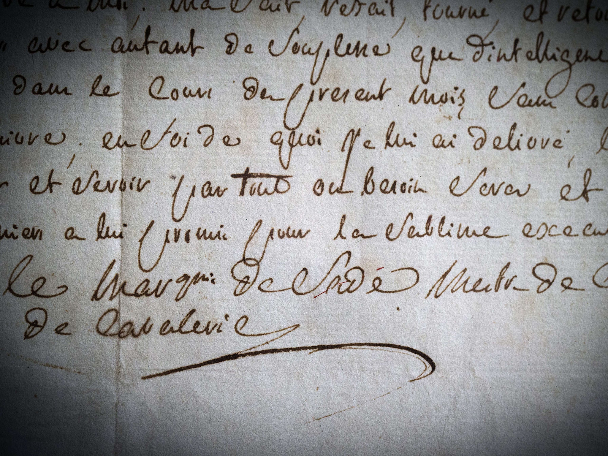 A rare signature of French writer the Marquis de Sade, with his military title of 'Maitre de camp de cavalerie'