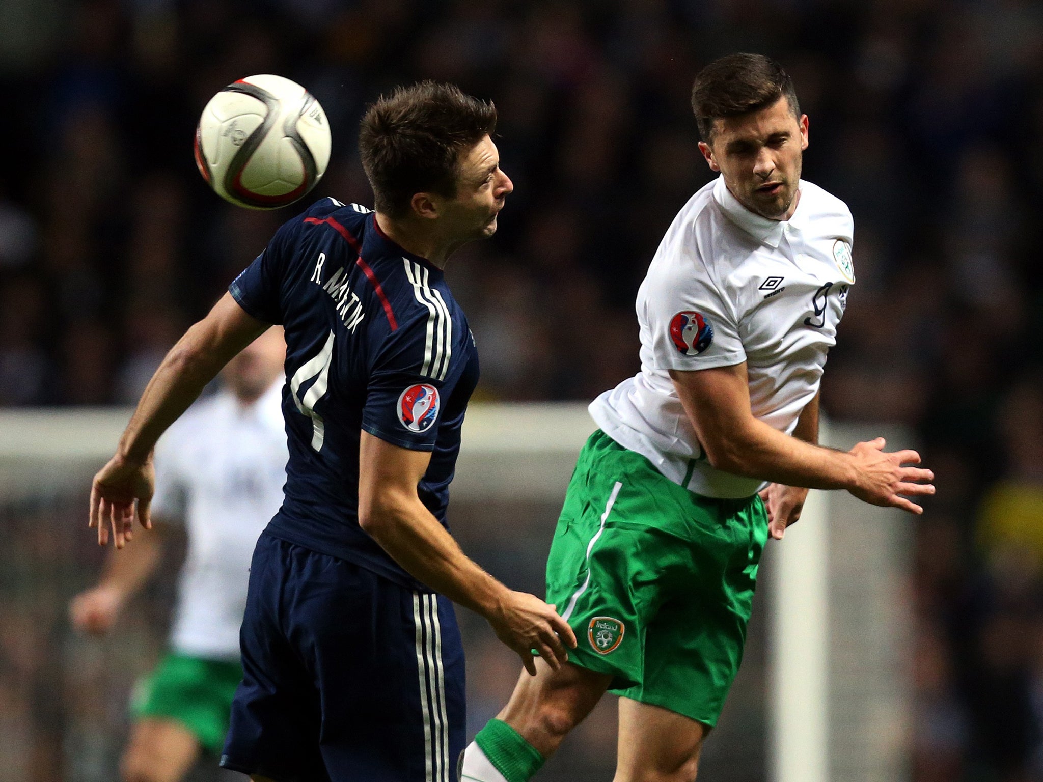 Ireland striker Shane Long (right) squandered a gilt-edged chance on the night he won his 50th cap