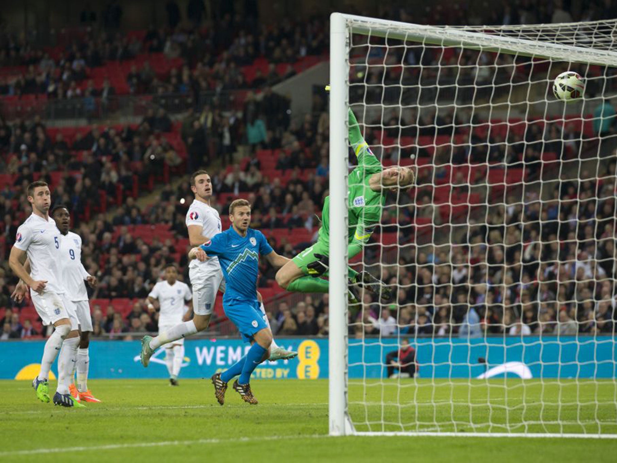 Slovenia took a shock lead when Jordan Henderson headed beyond Joe Hart