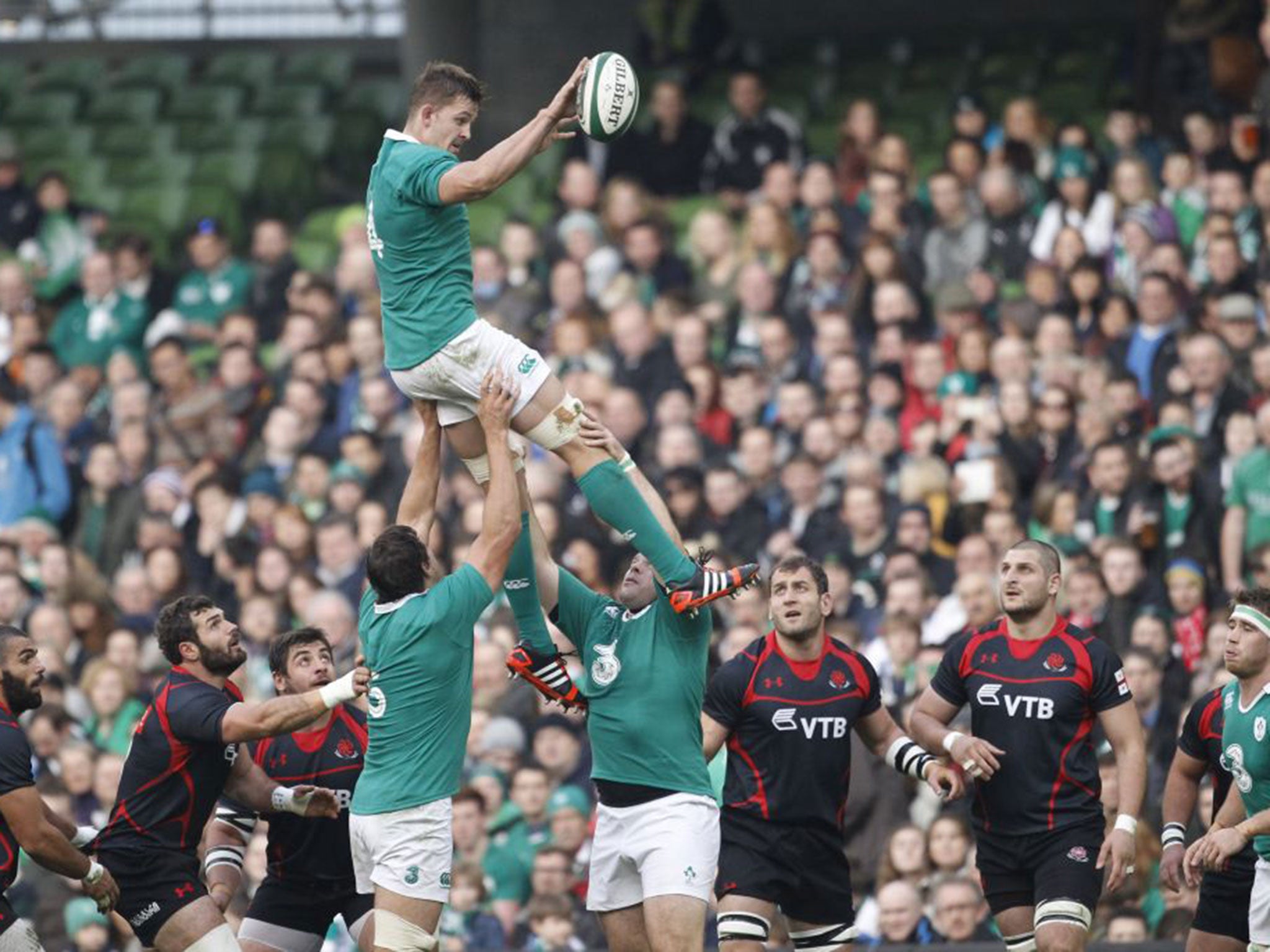 Ireland's David Foley wins a line out against Georgia