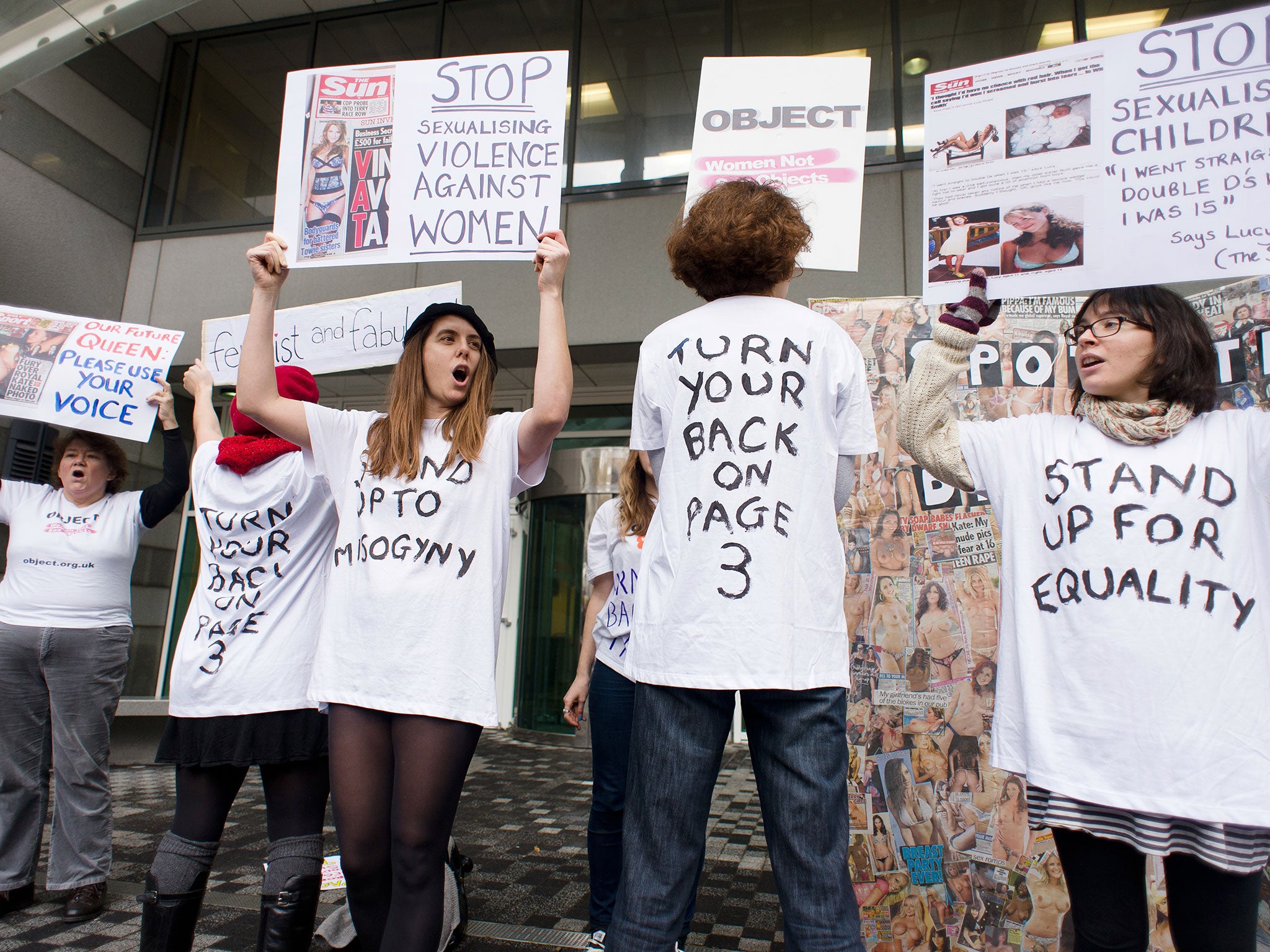 Campaigners from OBJECT and Turn Your Back On Page 3 protest over the Sun newspaper's daily photos of topless female models outside the UK offices of News International in east London (Getty)