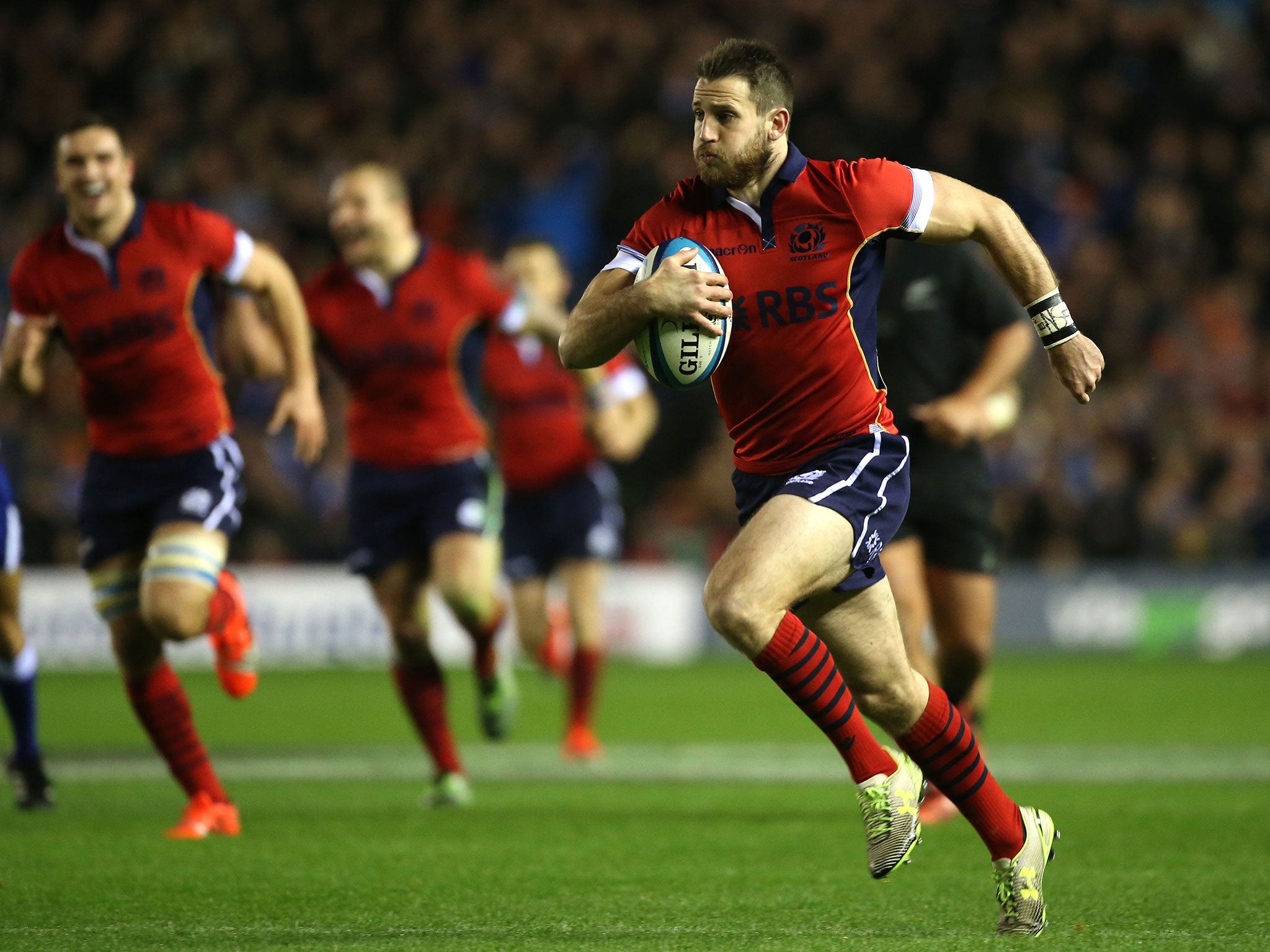 Scotland’s Tommy Seymour breaks clear to score his try against the All Blacks at Murrayfield