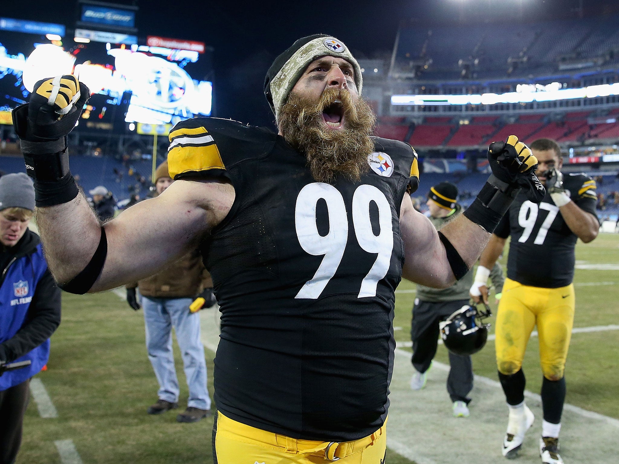 Pittsburgh defensive end Brett Keisel celebrates the victory over the Titans