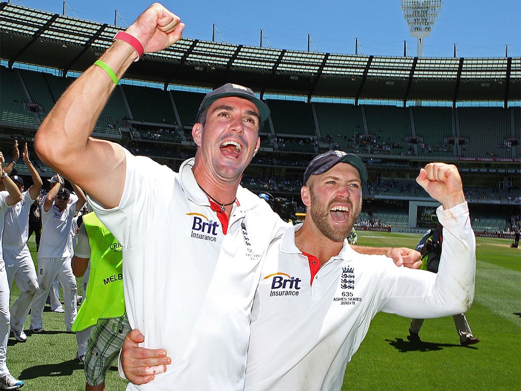 Matt Prior (right) and Kevin Pietersen celebrate retaining the Ashes in Melbourne in 2010 (Getty Images)