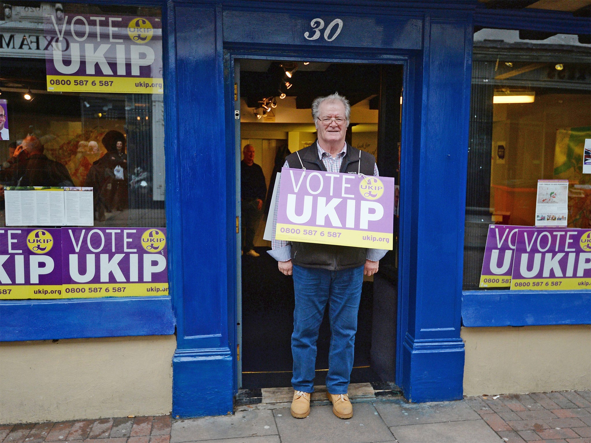 A Ukip supporter campaigns outside the party’s offices in Rochester