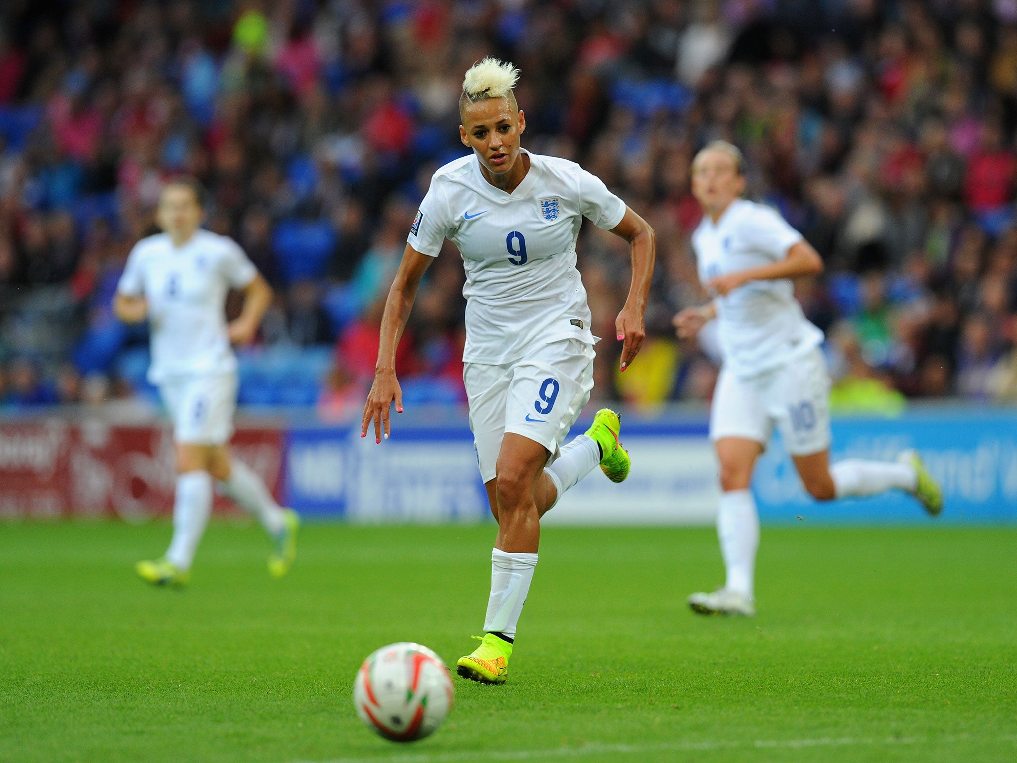 Lianne Sanderson in action against Wales at Cardiff City Stadium