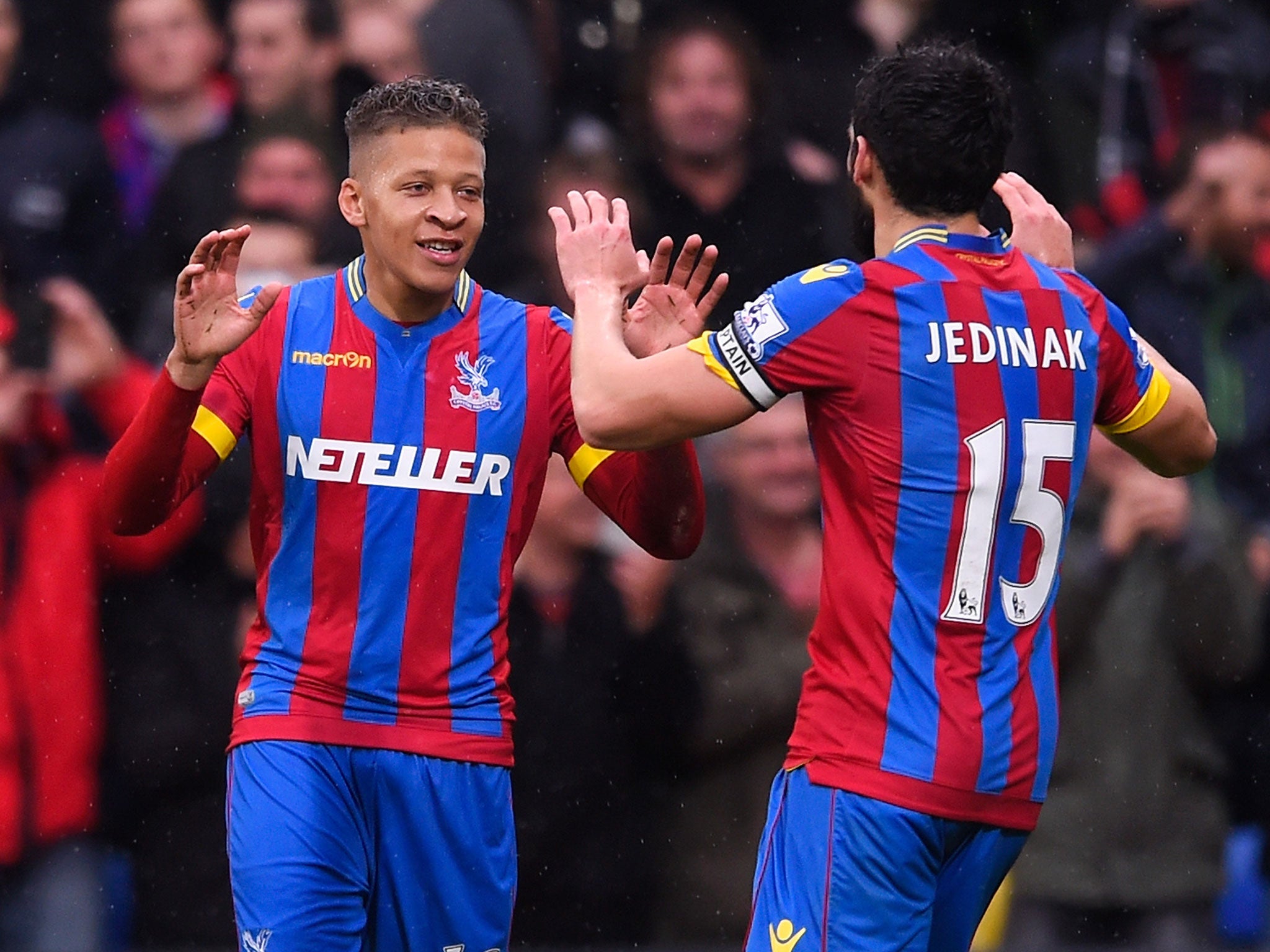 Dwight Gayle (left) celebrates making it 1-1 with Crystal Palace captain Mile Jedinak