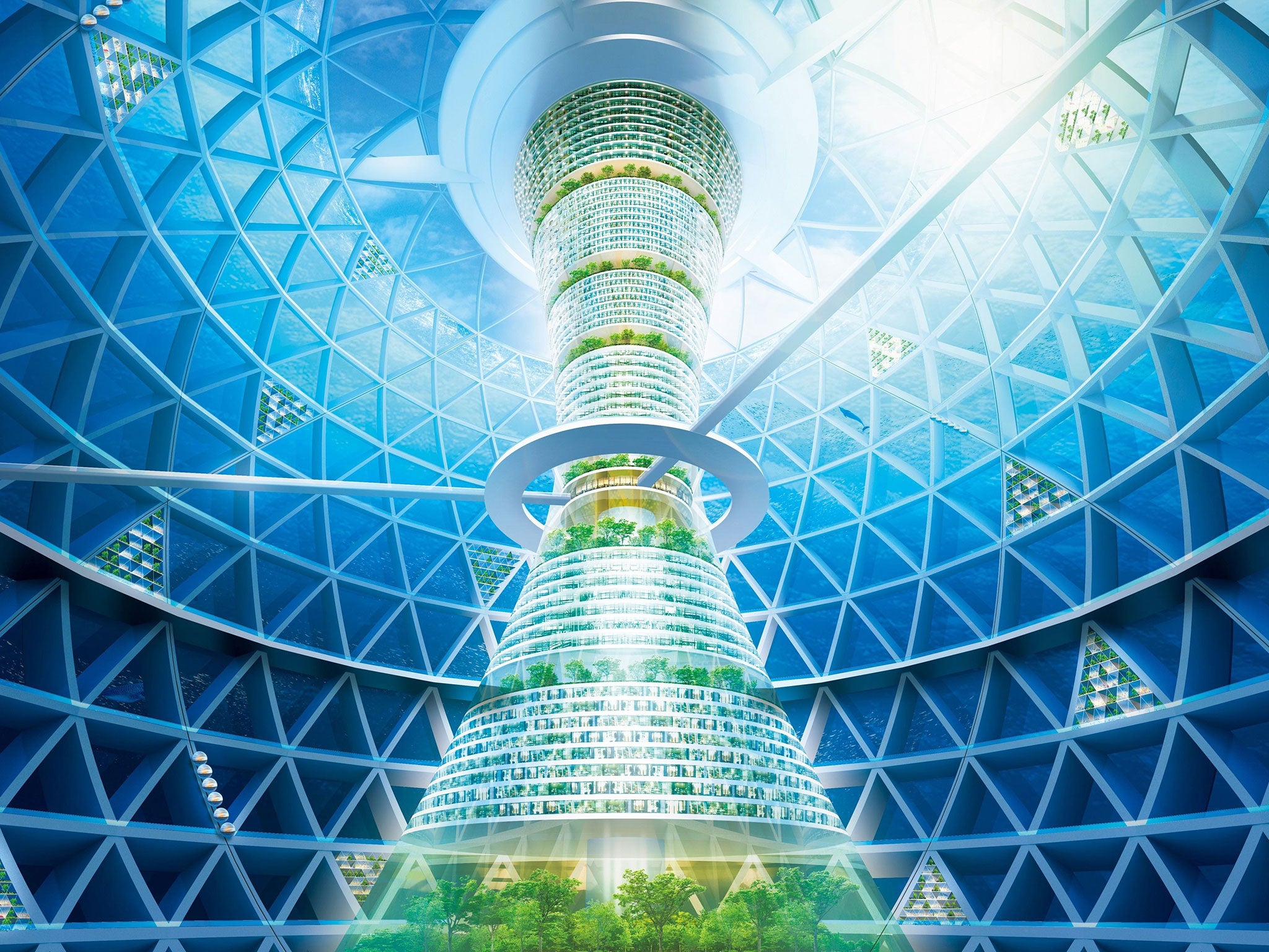 This artist impression image released from Japan's construction company Shimizu Corporation on November 20, 2014 shows a modern-day Atlantis, a sphere 500 metres (1,500 feet) in diameter that houses hotels, residential spaces and commercial complexes