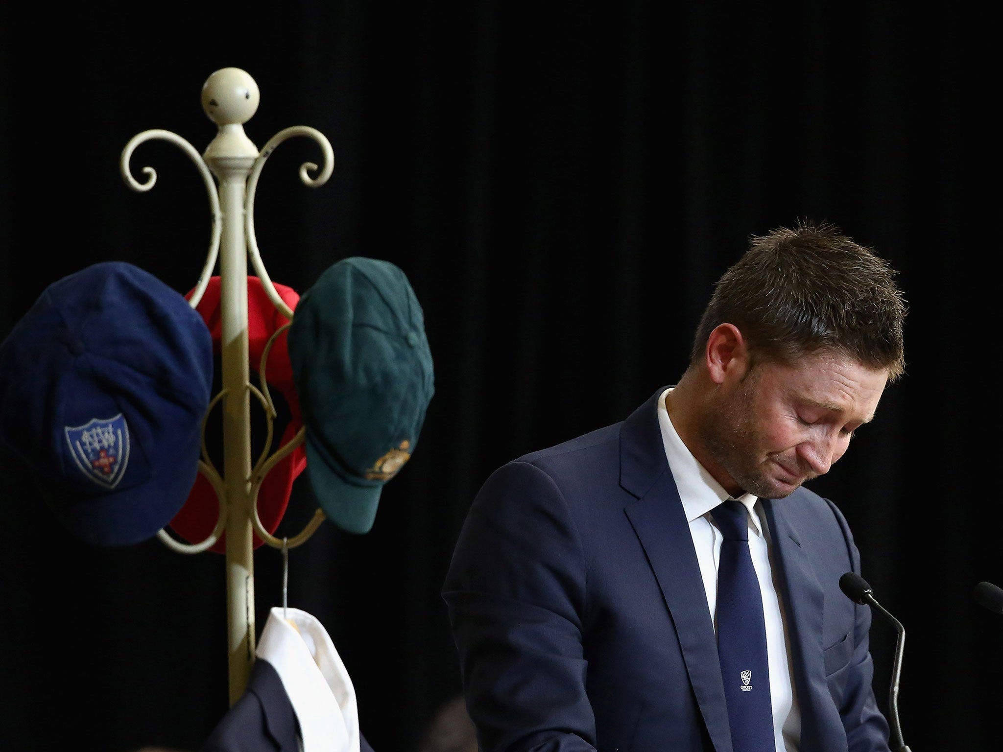 Australian cricket captain Michael Clarke pays tribute to Phillip Hughes during the Funeral Service for Phillip Hughes at Macksville High School Stadium on December 3, 2014 in Macksville, Australia.