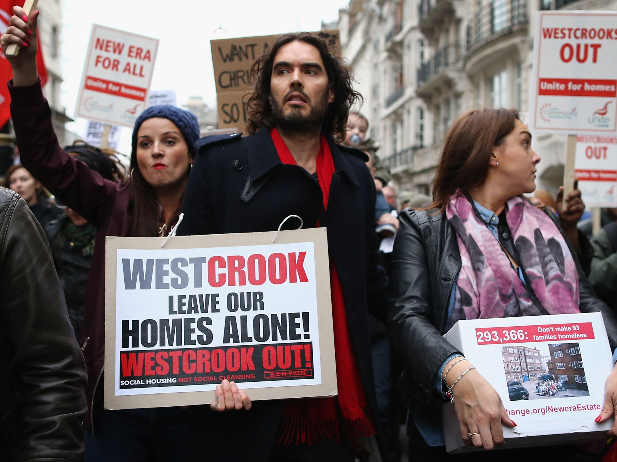 Comedian Russell Brand joins residents and supporters from the New Era housing estate in East London as they deliver a petition to 10 Downing Street during a demonstration against US investment company Westbrook's plans to evict 93 families in London