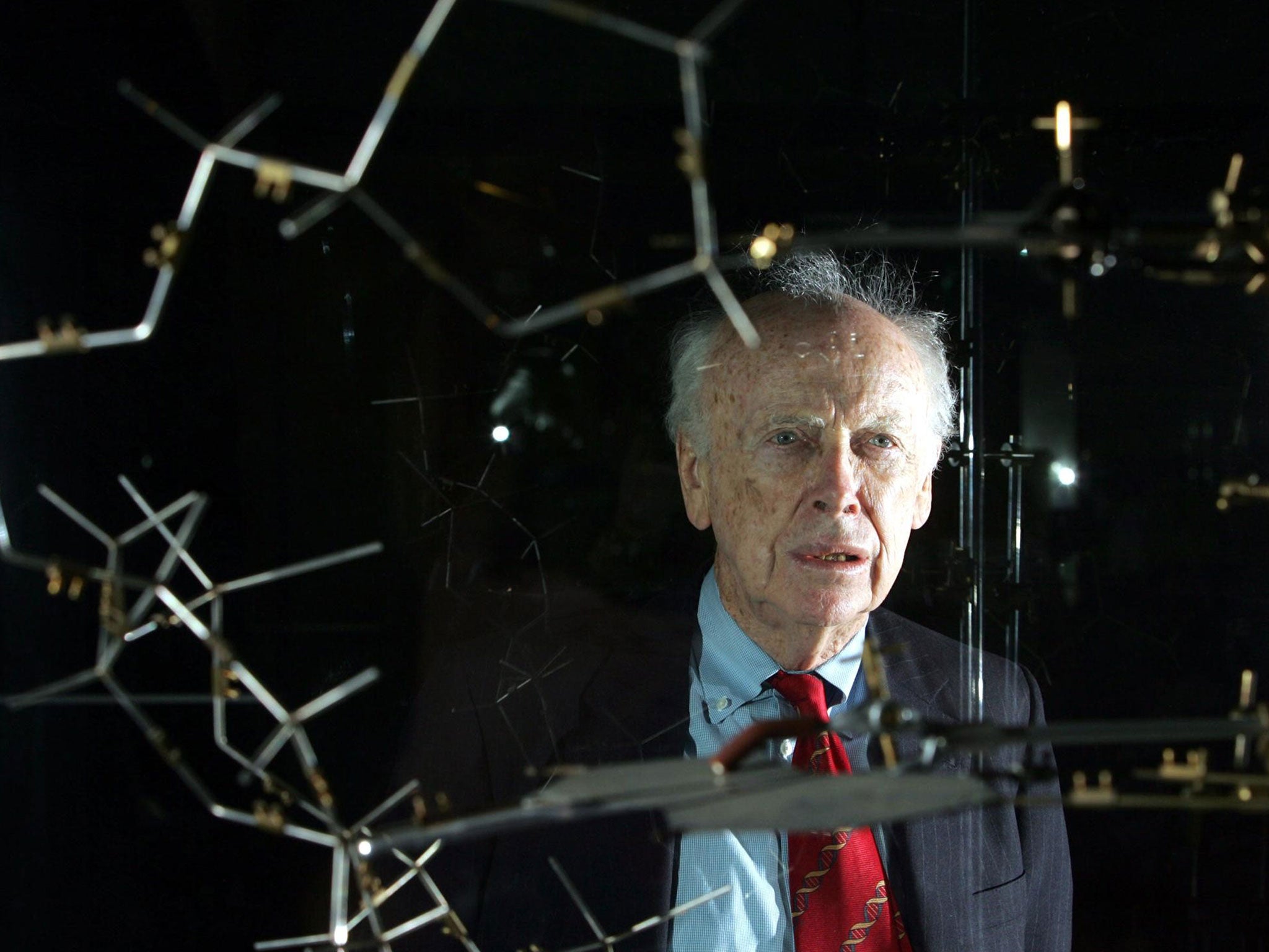 Dr James Watson with the original DNA model ahead of a press conference at the Science museum in London in 2005