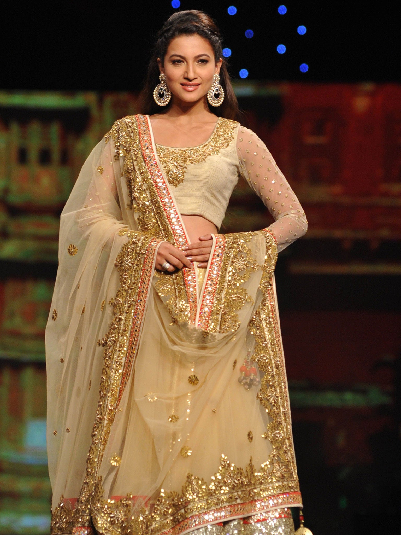 Gauhar Khan wearing a lengha-style sari