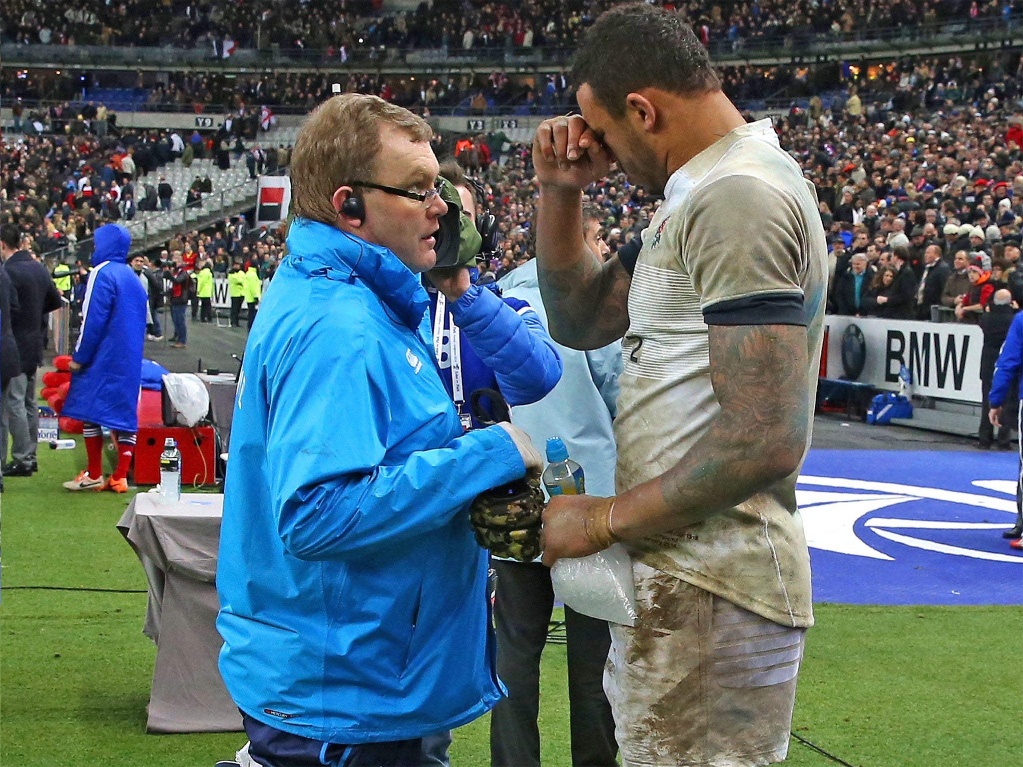 Phil Batty with Courtney Lawes during England’s Six Nations visit to Paris earlier this year (Getty)