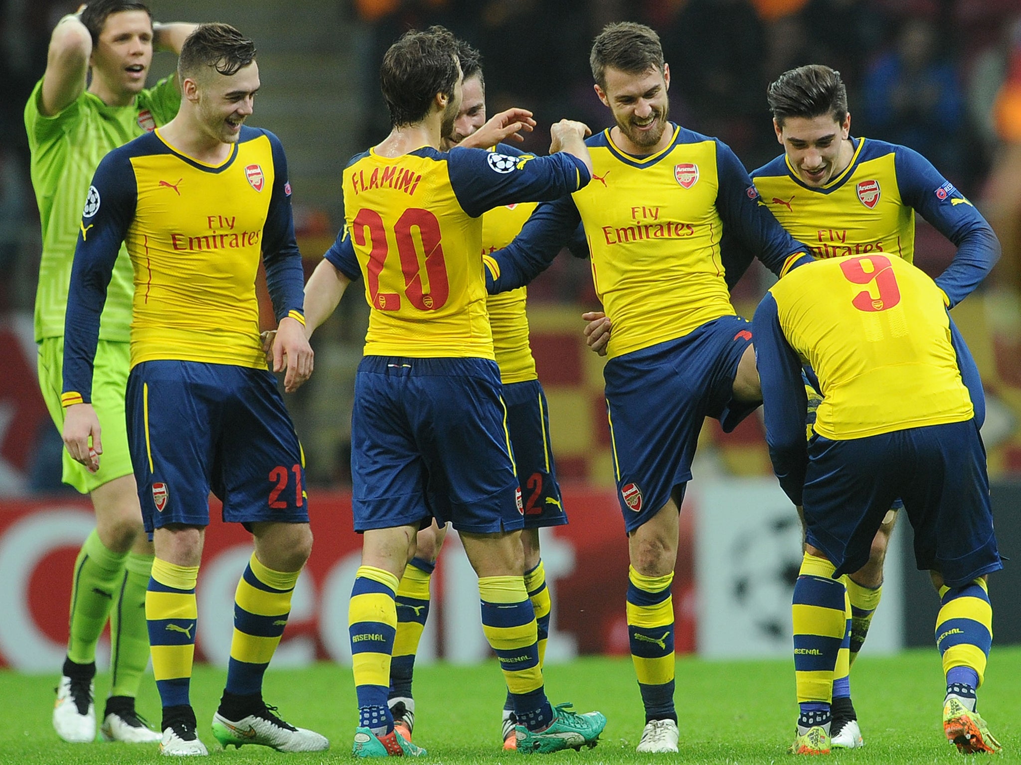 Aaron Ramsey celebrates his second goal against Galatasaray