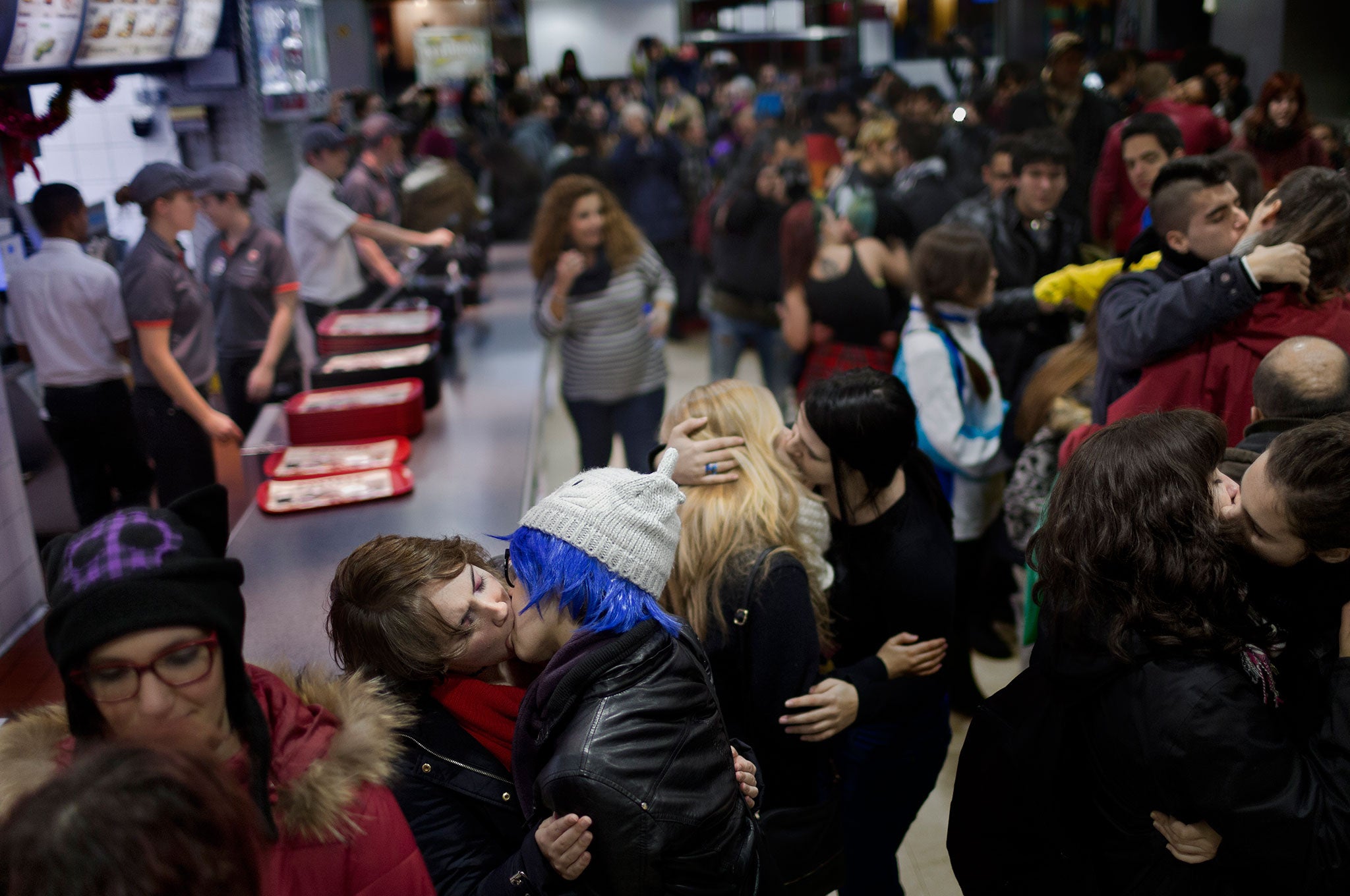 People supporting the fight against homophobia gathered on Saturday to protest against the decision of a security guard that asked a gay couple to leave the premises after they kissed