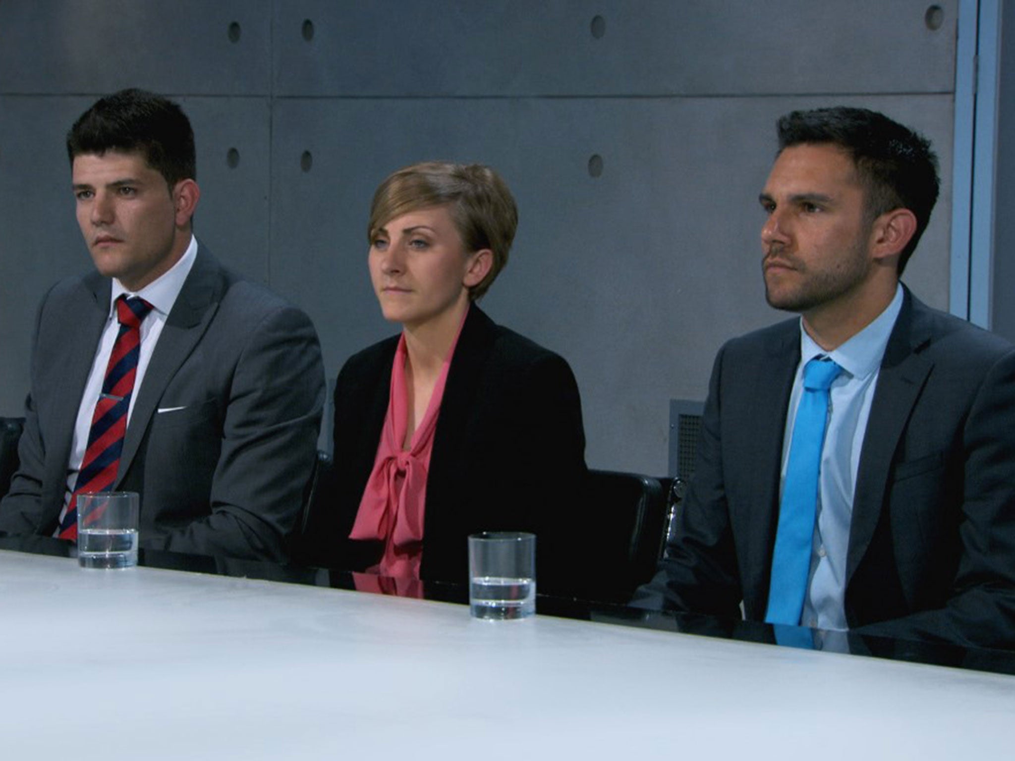 Mark, Katie and Sanjay in The Apprentice boardroom