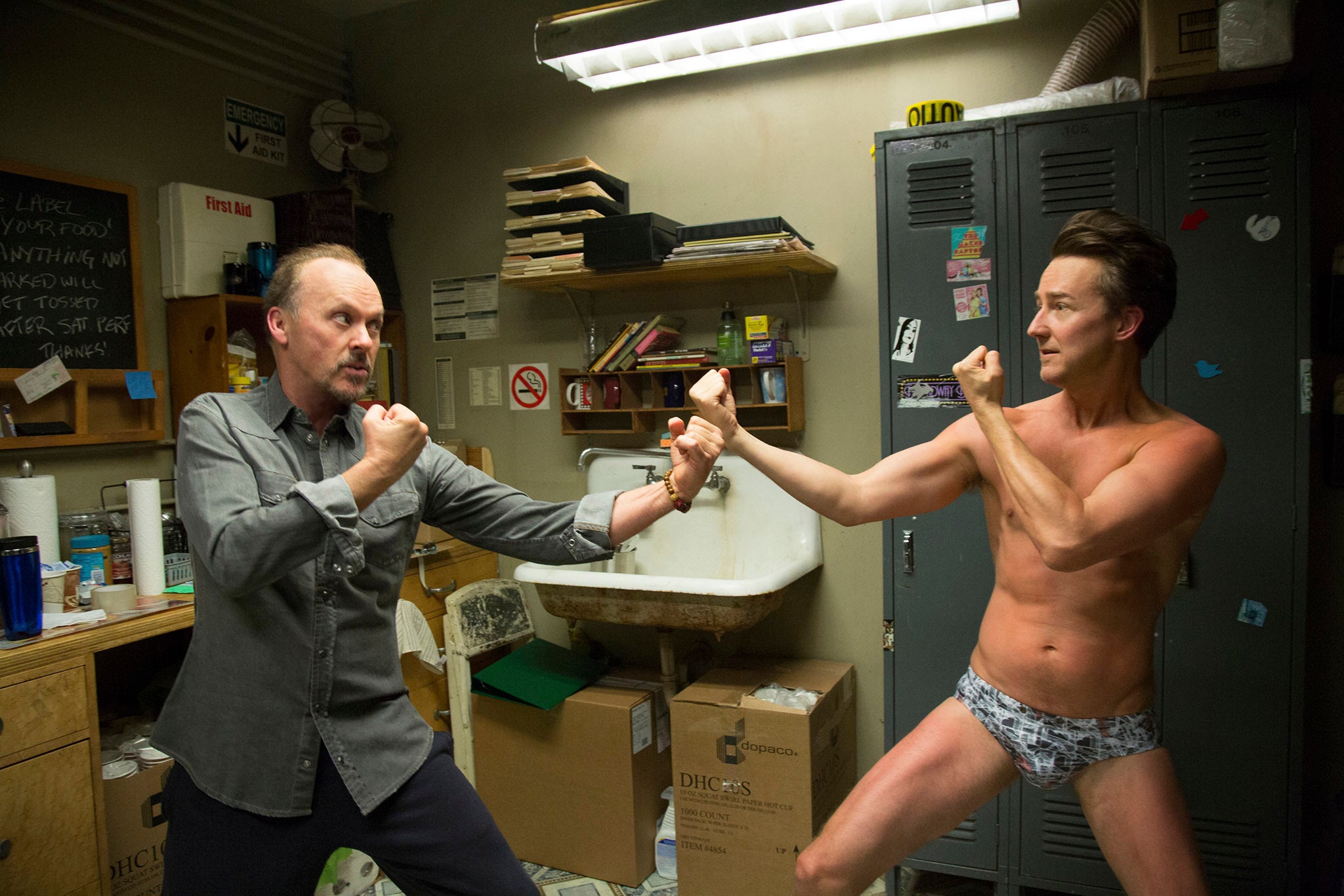 Michael Keaton, left, and Edward Norton in a scene from Birdman