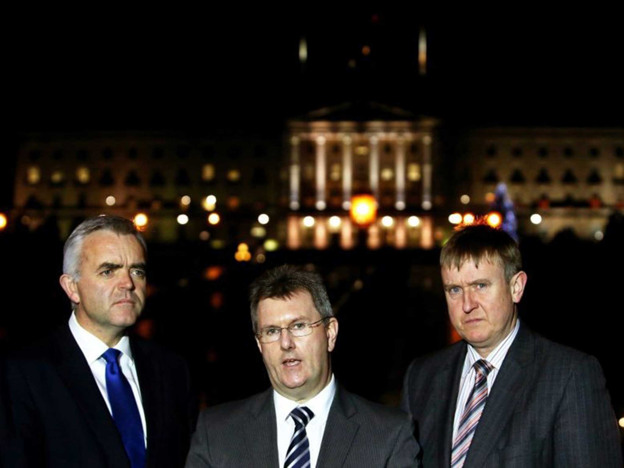 DUP representatives ( left to right) Jonathan Bell, Jeffrey Donaldson and Mervyn Storey