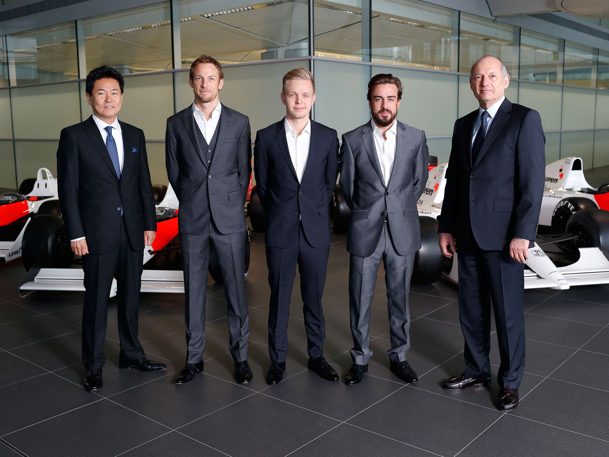 (L-R) Yasuhisa Arai, Jenson Button, Kevin Magnussen, Fernando Alonso and Ron Dennis