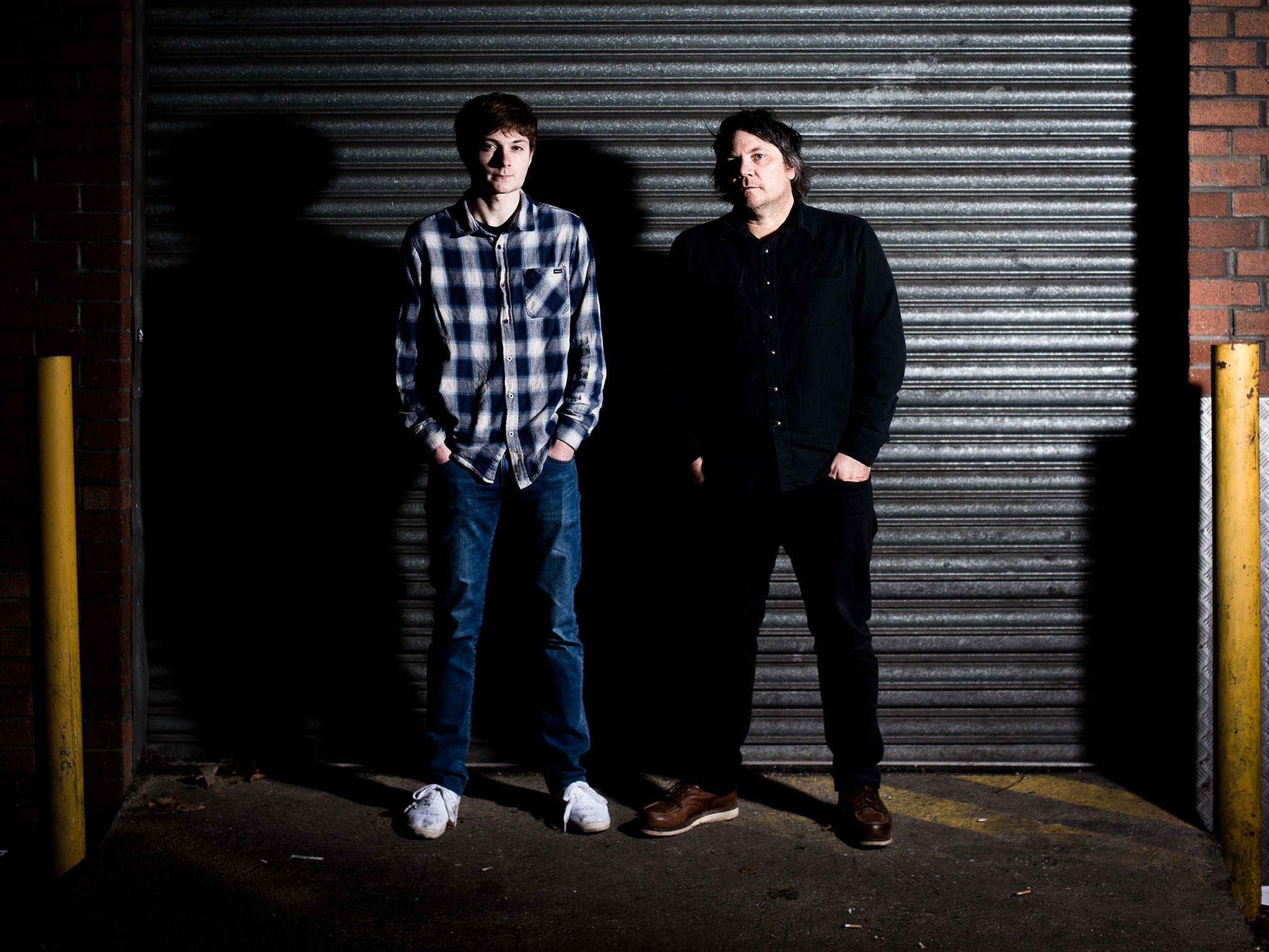 Wilco frontman Jeff Tweedy (right), with his son Spencer Tweedy (left), photographed around Shepherd's Bush