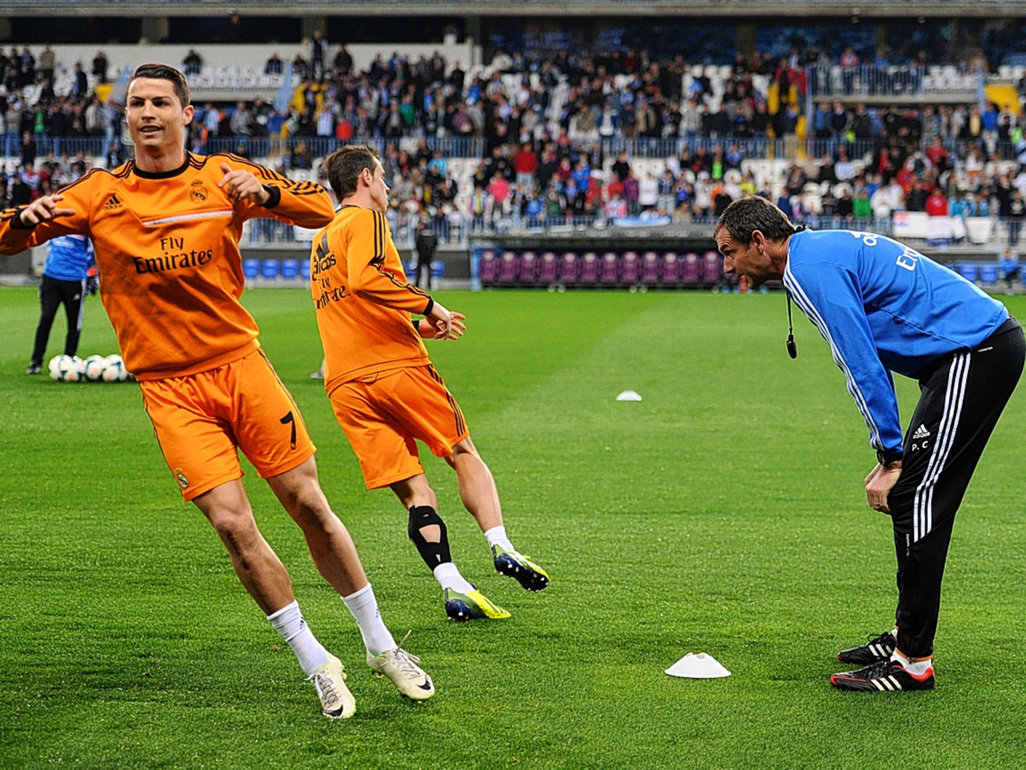 Paul Clement oversees the warm-up of Cristiano Ronaldo and Gareth Bale against Malaga earlier this year