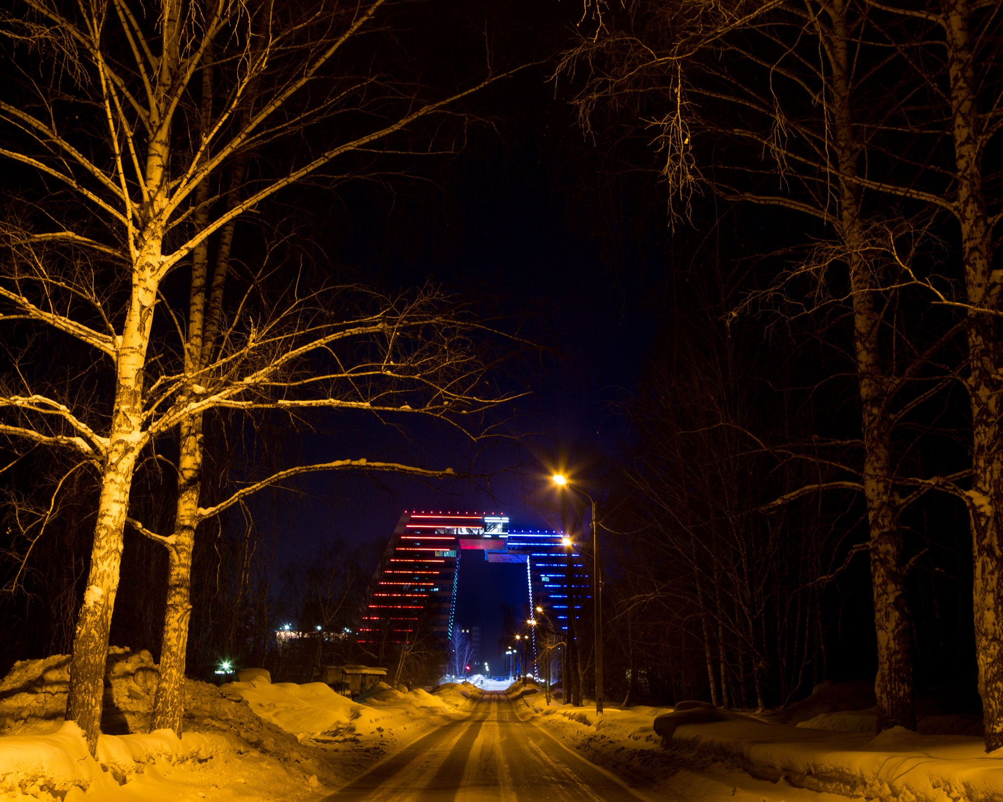 The main building of Akadempark lit up at night in the red, white and blue of the Russian tricolor. The 13-storey buildings tower over everything else in Akademgorodok. The top floor, accessible via a transparent skybridge, is a co-working space for tech entrepreneurs