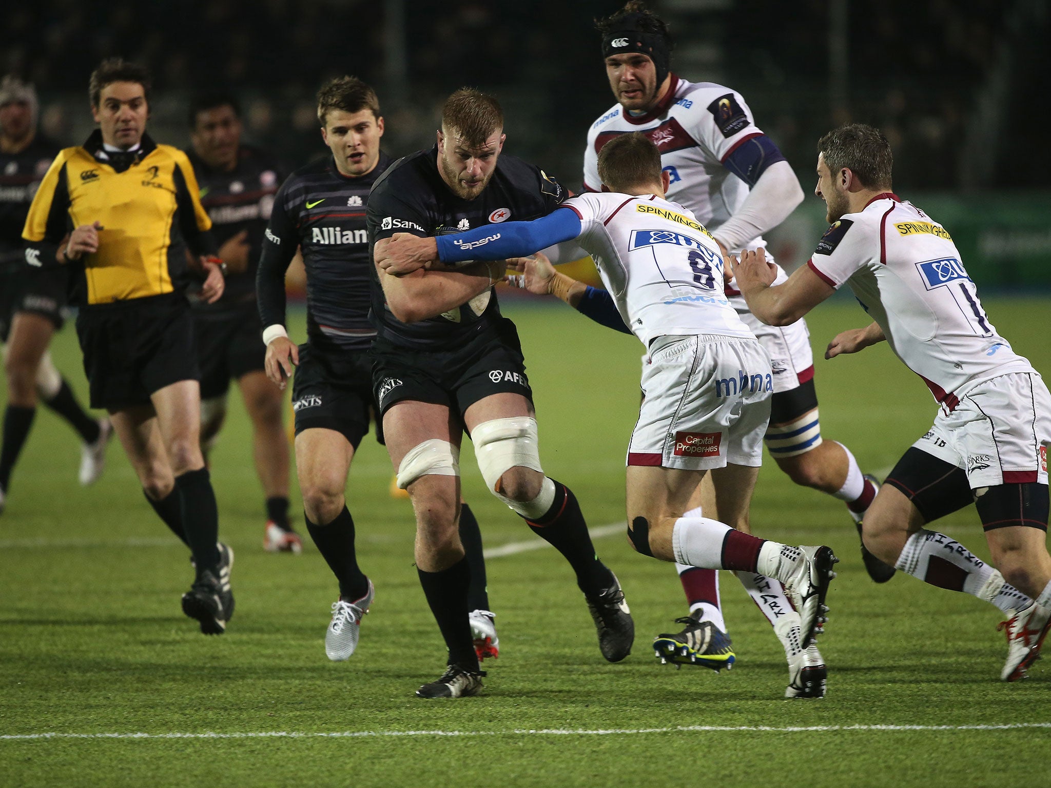 George Kruis tries to barge his way over scrum-half Will Cliff