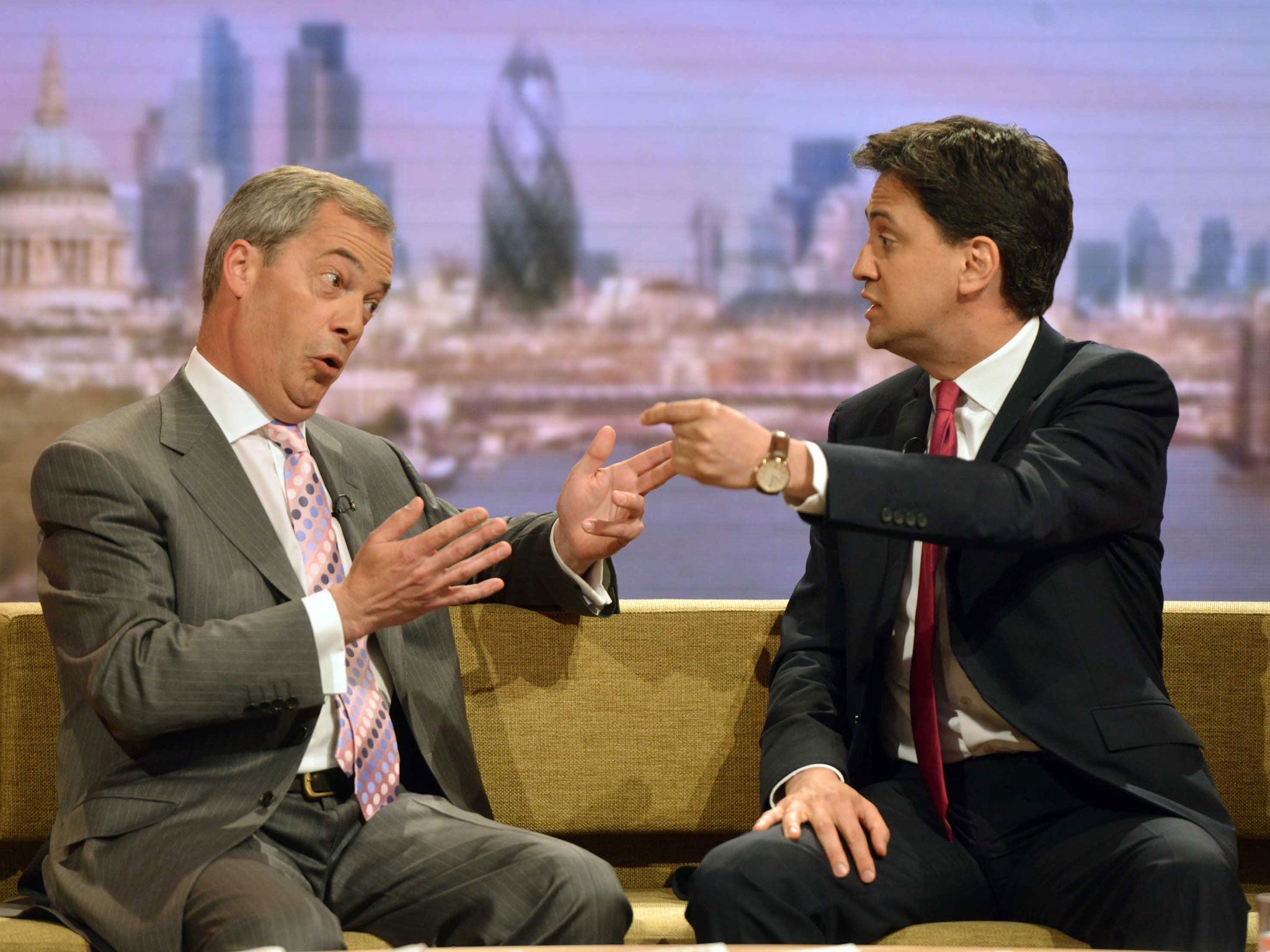 Nigel Farage (L) is set to also appear in debates with Ed Miliband (R)