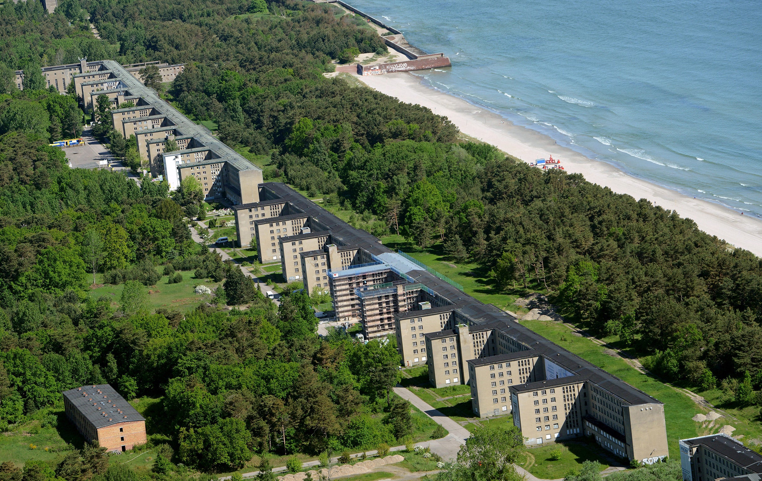 An aerial view of buildings under construction of Block II of former Strength Through Joy seaside resort in Prora