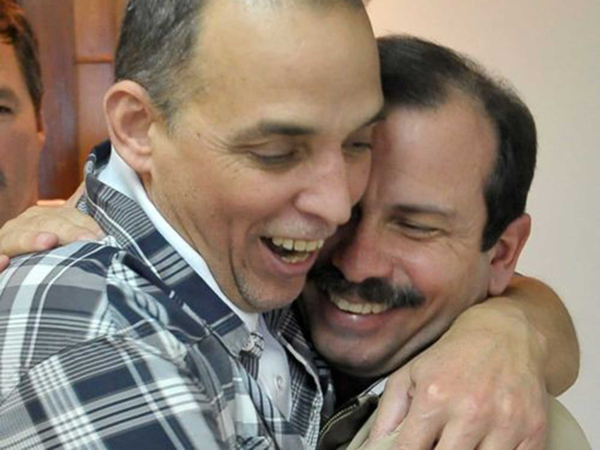 Antonio Guerrero (left) with his fellow ex-prisoner Fernando Gonzalez in Havana yesterday