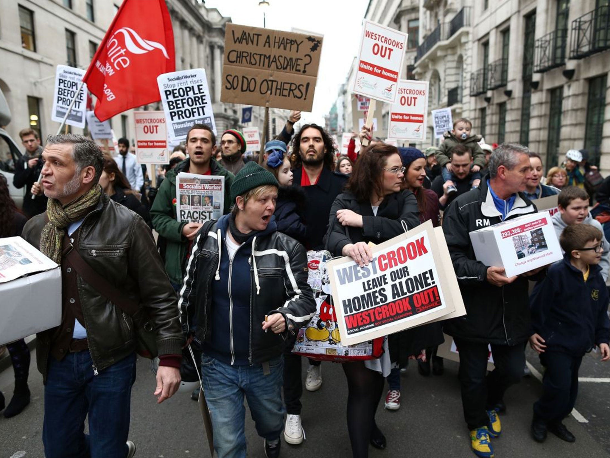 Comedian Russell Brand joined residents and supporters from the New Era housing estate in East London as they demonstrated against US investment company Westbrooks plans to evict 93 families