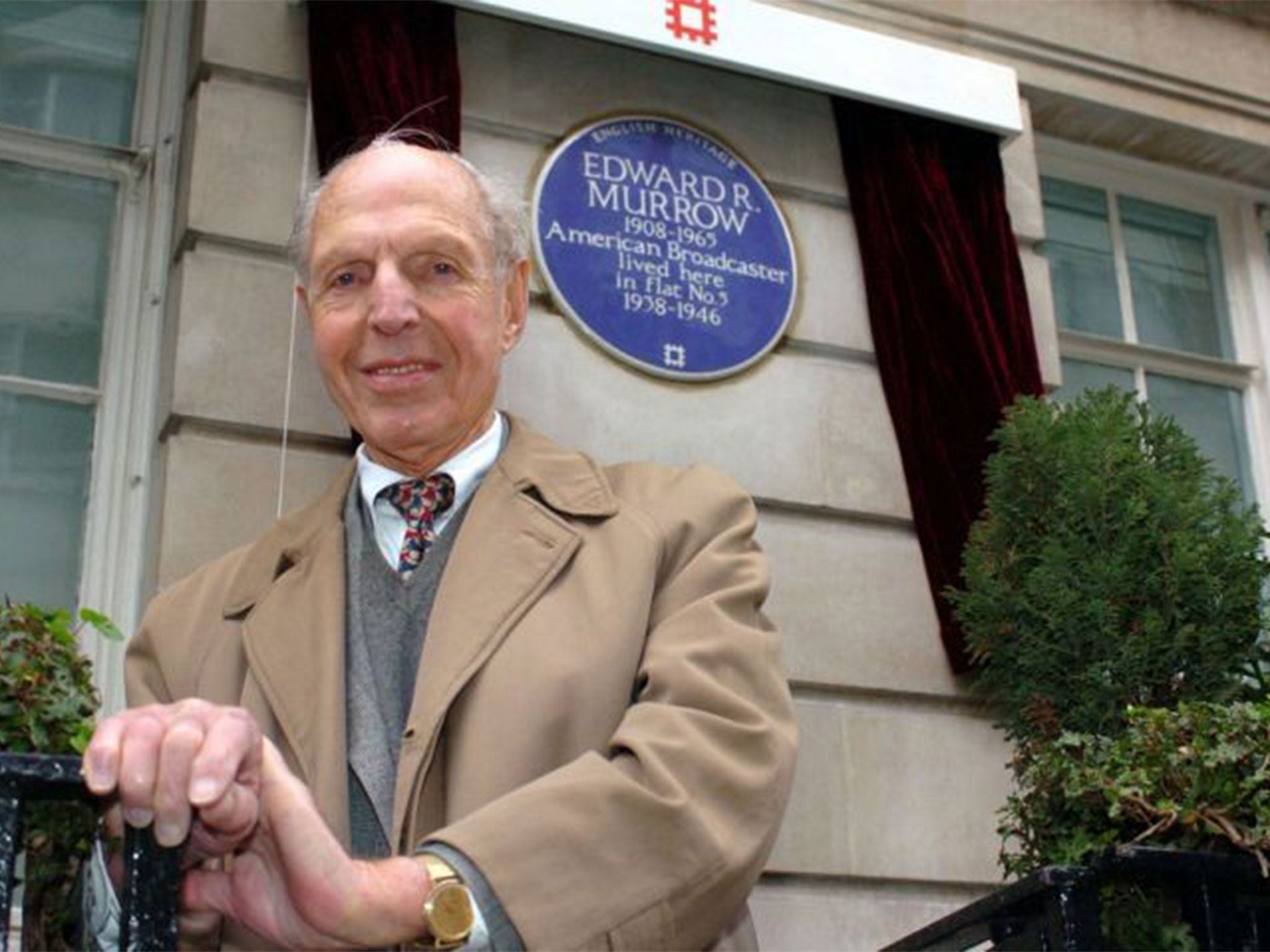 Hottelet outside the house in London’s Hallam Street where his boss, Edward R Murrow, lived during the Second World War=