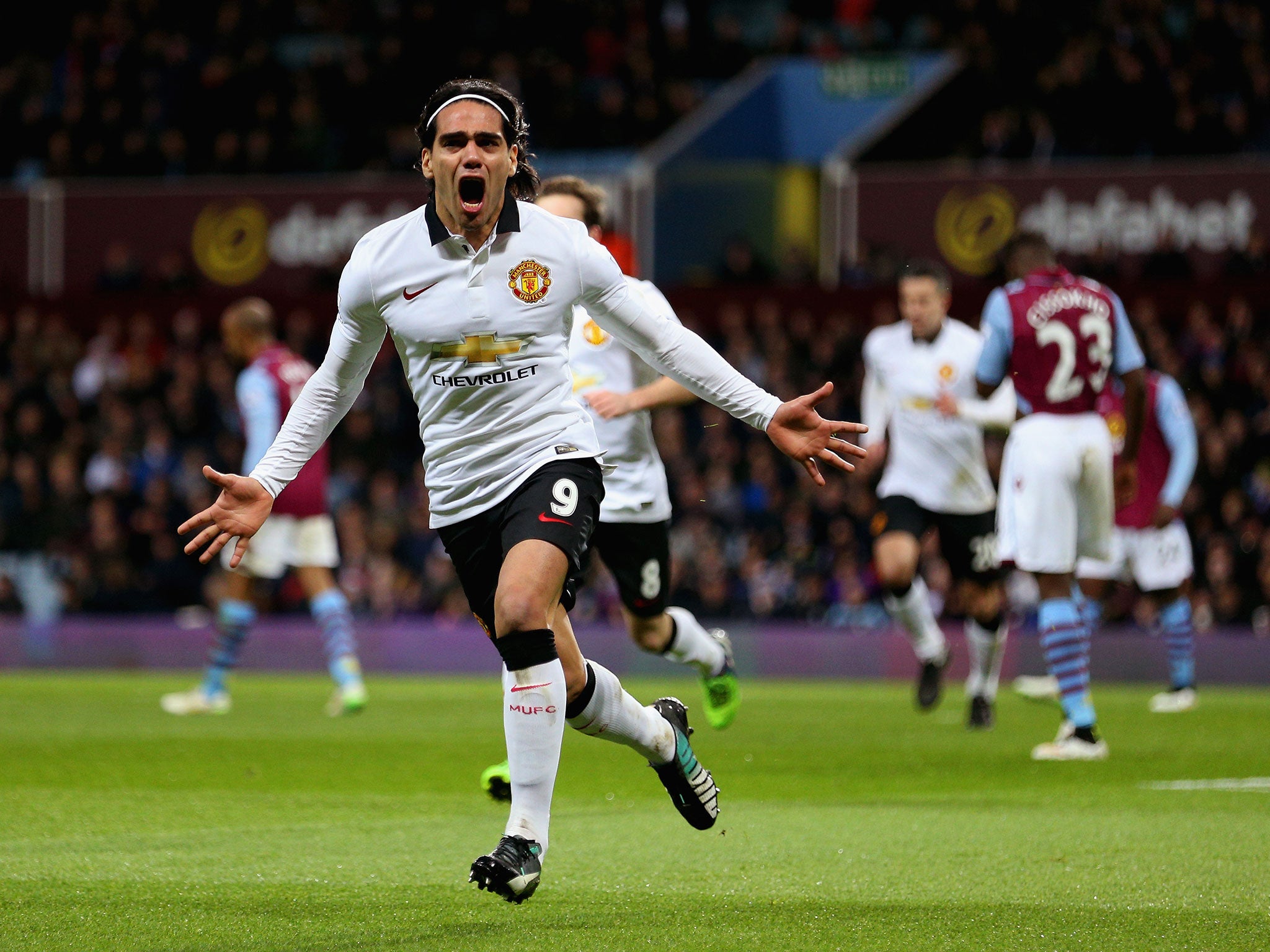 Radamel Falcao celebrates scoring the equaliser against Aston Villa