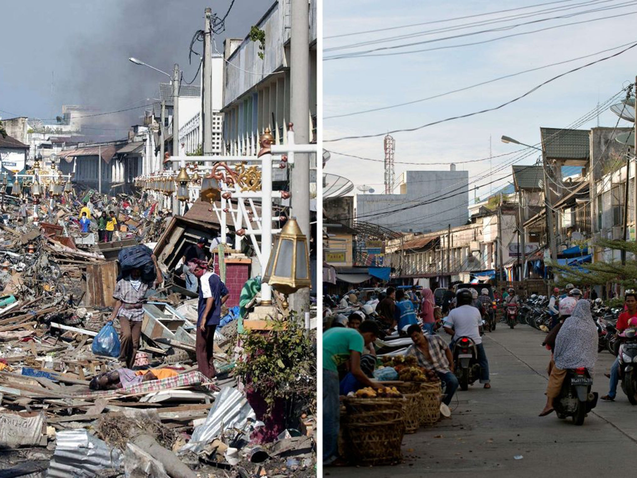 Banda Aceh on 29 December 2004 after the tsunami, left, and last month after the city had been reconstructed