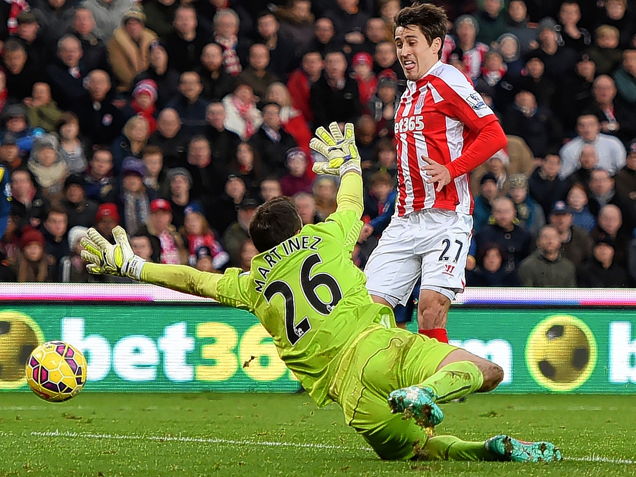 Bojan Krkic scores in Stoke’s home win over Arsenal at the start of December