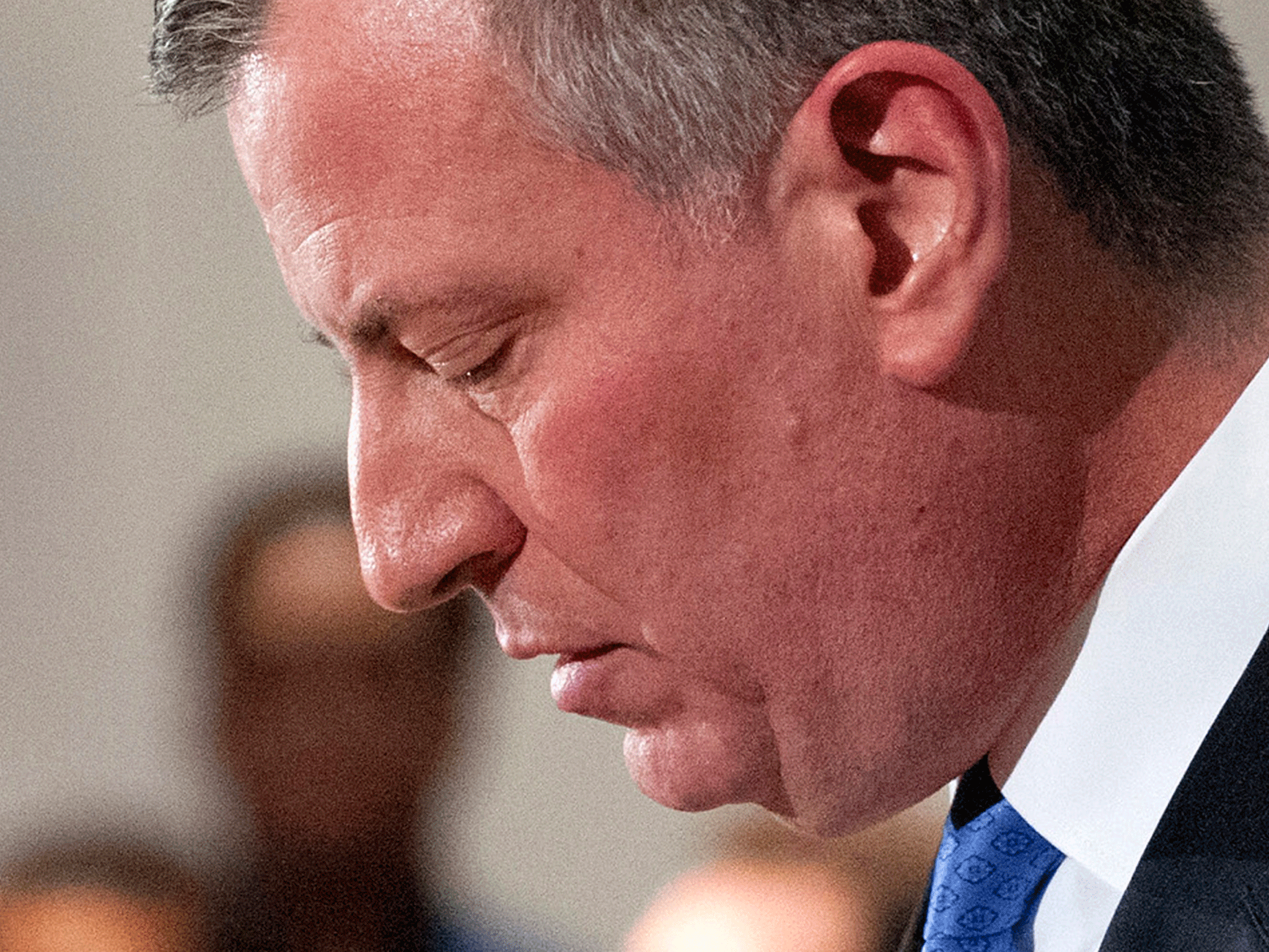 New York Mayor Bill de Blasio speaking at a press conference on Saturday