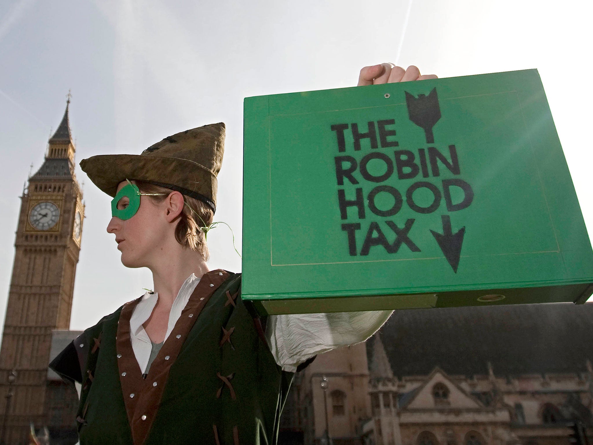 A protestor from the 'Robin Hood Tax Campaign,'