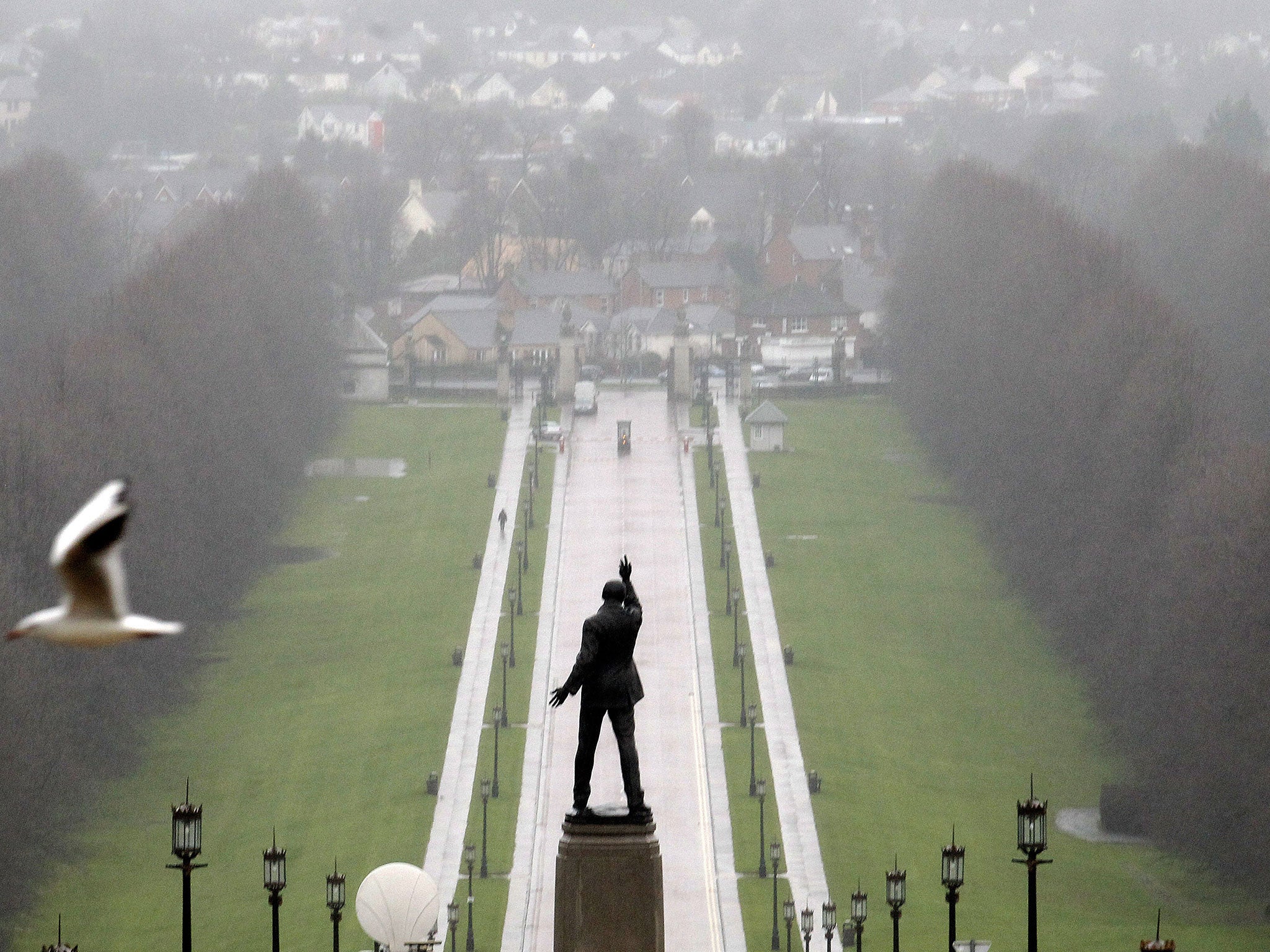 A statue of 1920's Ulster Unionist politician Edward Carson overlooks the grounds of Stormont estate, near Belfast