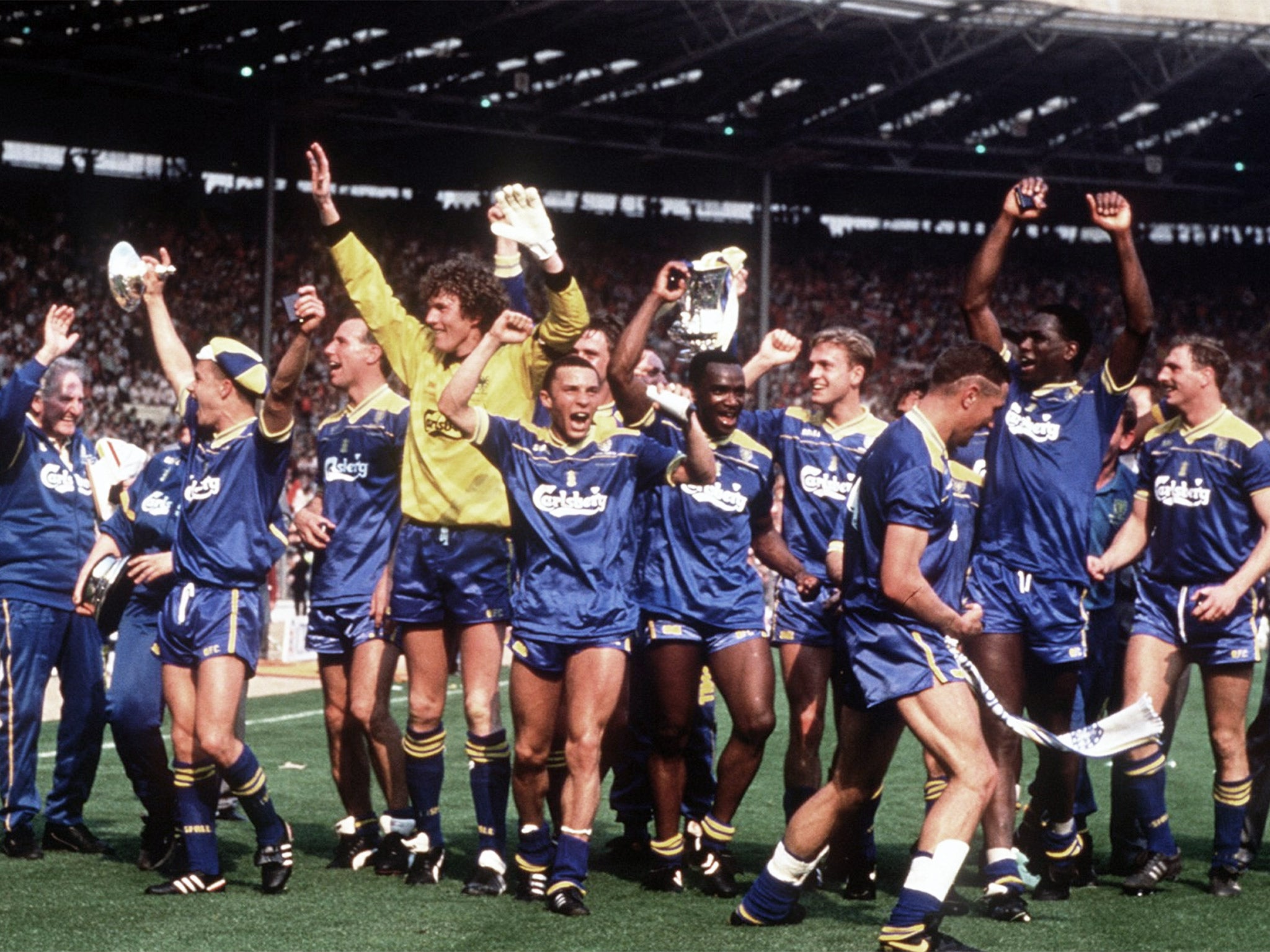 Wimbledon celebrate their shock 1988 FA Cup final victory over Liverpool