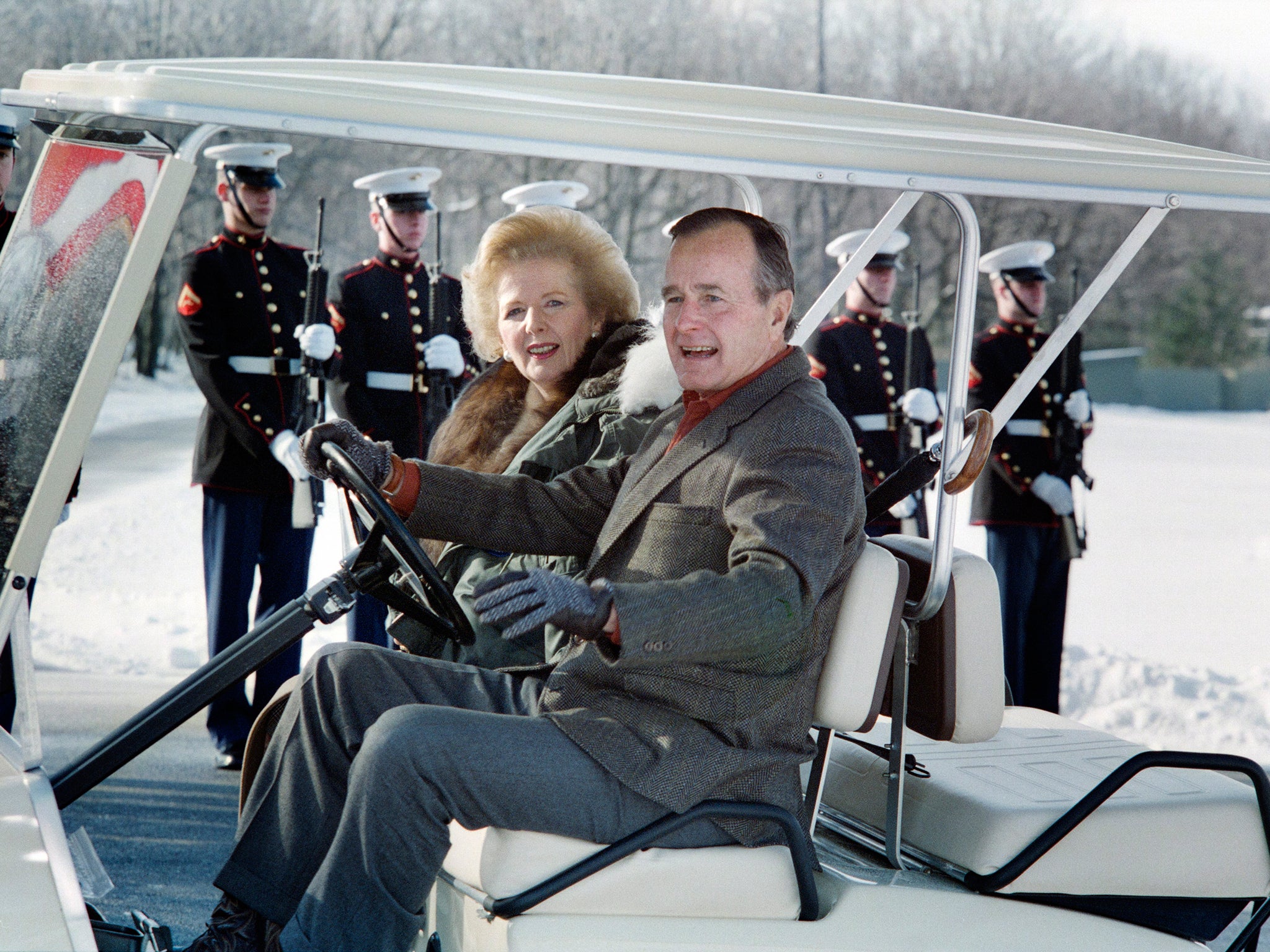 President George Bush and British Prime Minister Margaret Thatcher in 1989 at Camp David. She encouraged Bush to speak to Soviet General Secretary Mikhail Gorbachev