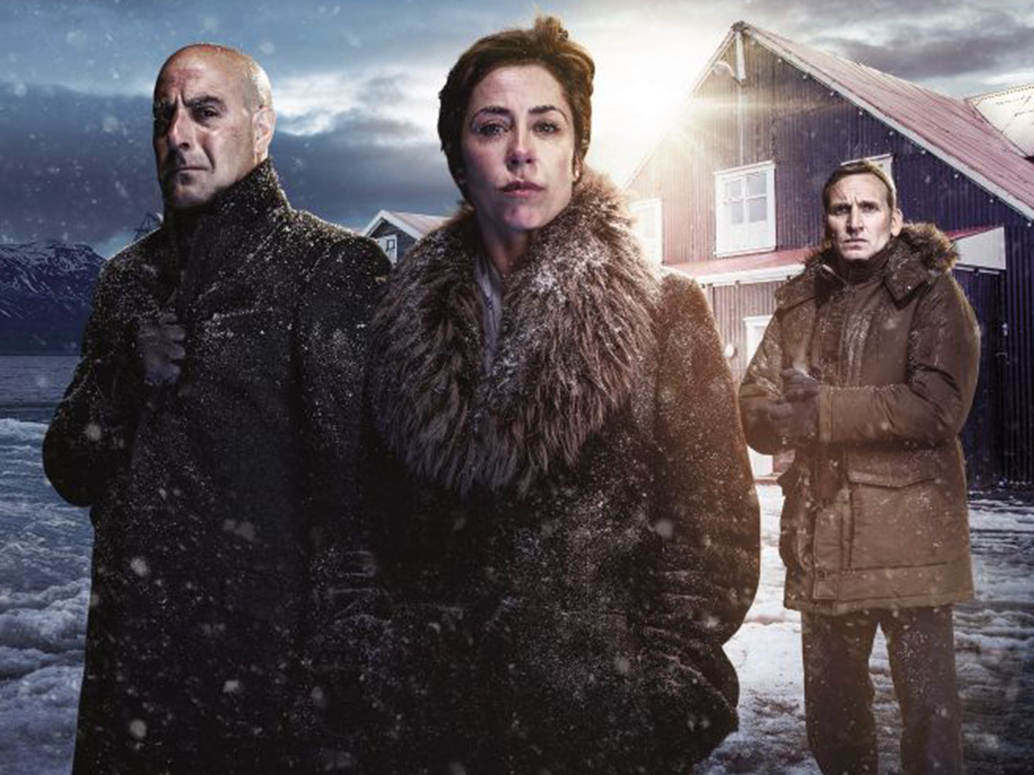 Left to right: Stanley Tucci, Sophie Grabol and Christopher Eccleston in ‘Fortitude’