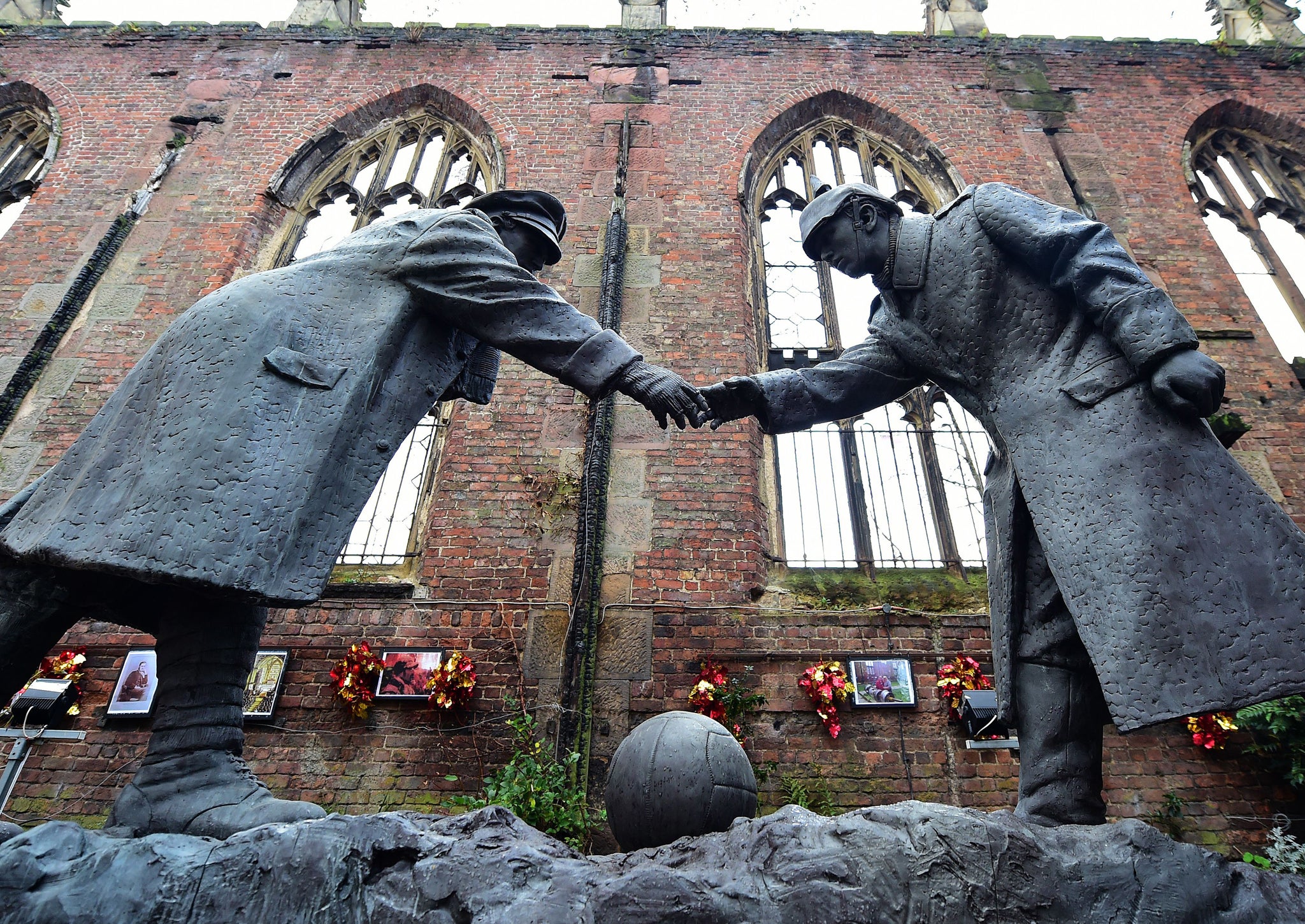 A sculpture illustrating the WW1 Christmas Truce football match in Liverpool